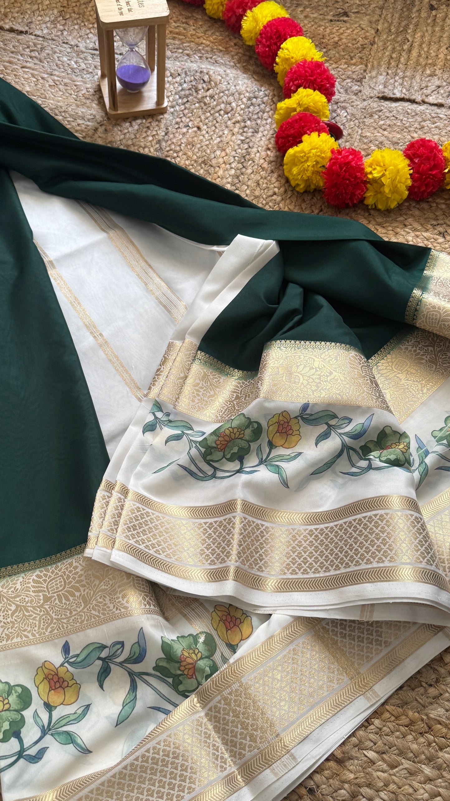 Semi Crepe Silk with Kalamkari Floral Boarder - Dark Green & White
