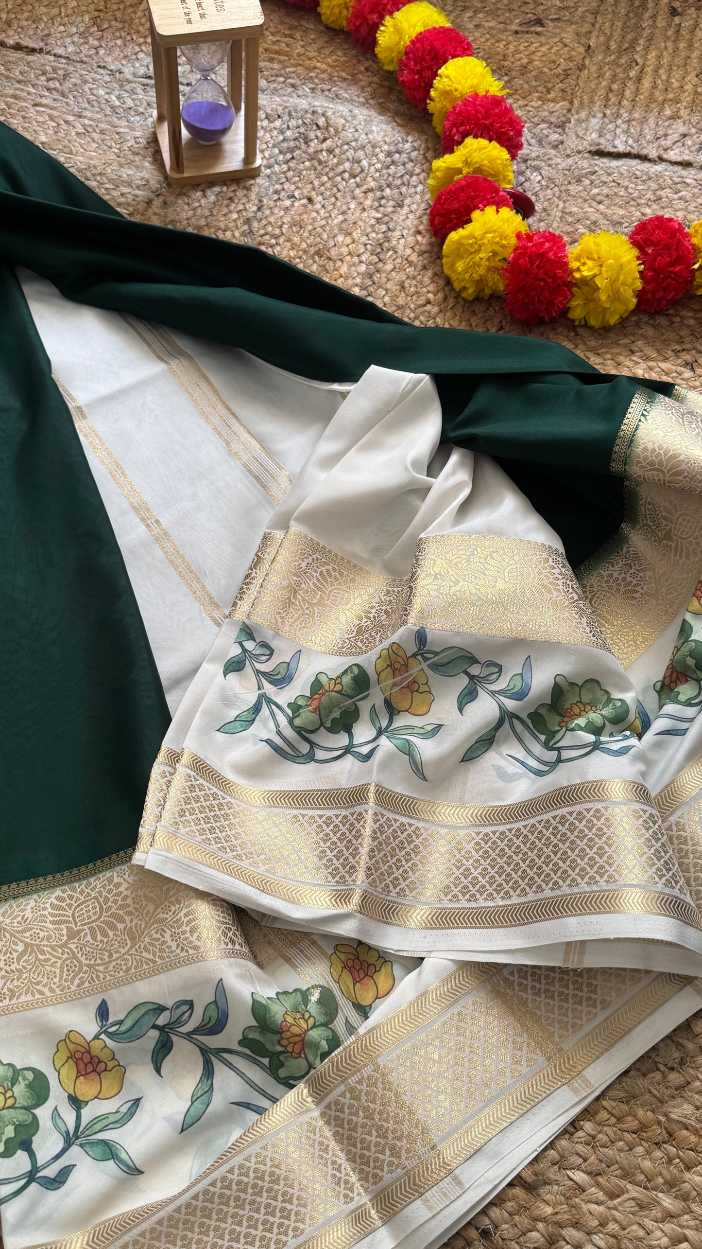 Semi Crepe Silk with Kalamkari Floral Boarder - Dark Green & White