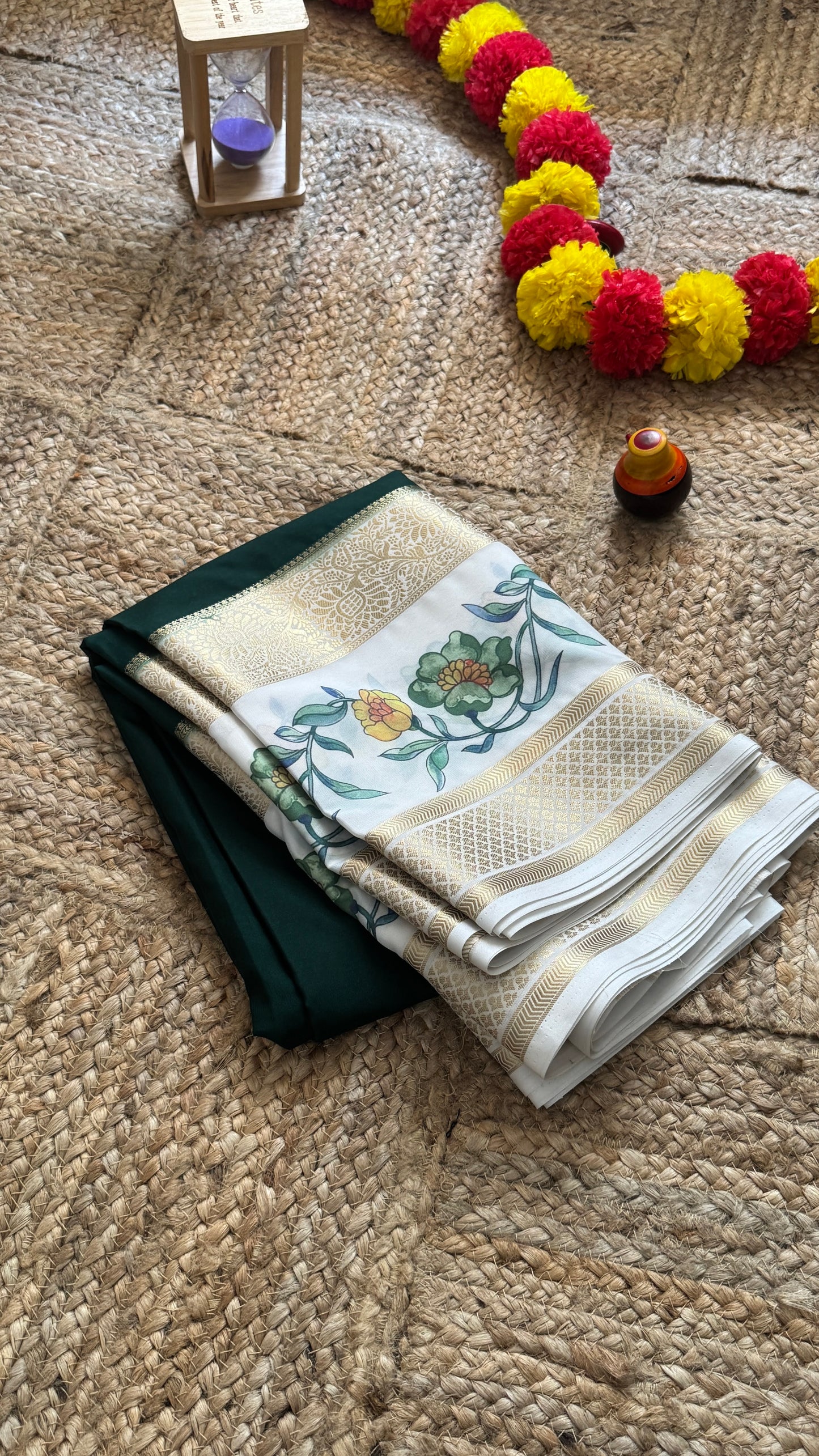 Semi Crepe Silk with Kalamkari Floral Boarder - Dark Green & White
