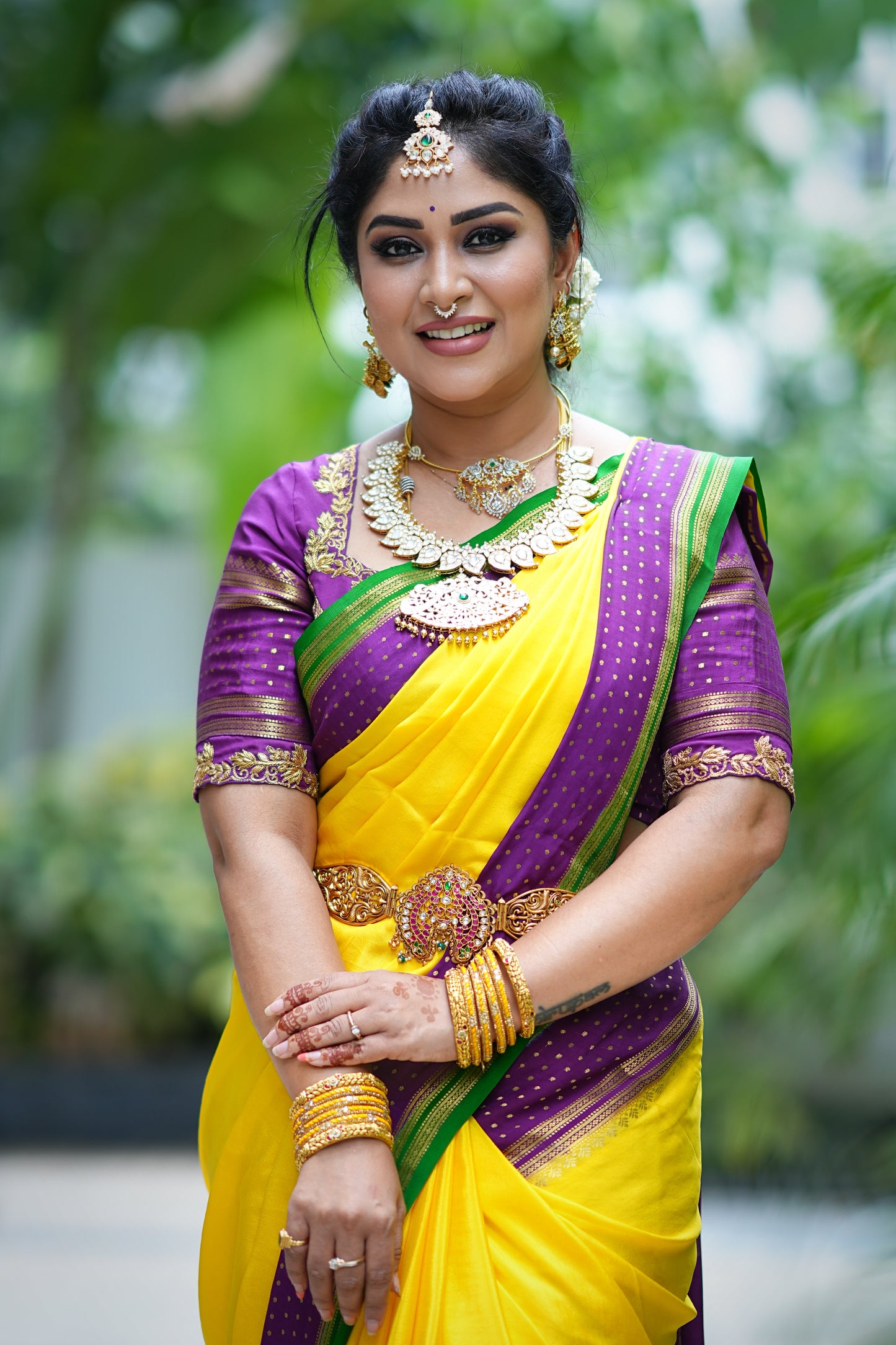 5.Pure Mysore Silk Saree - Boarder Lines Yellow Purple and Green