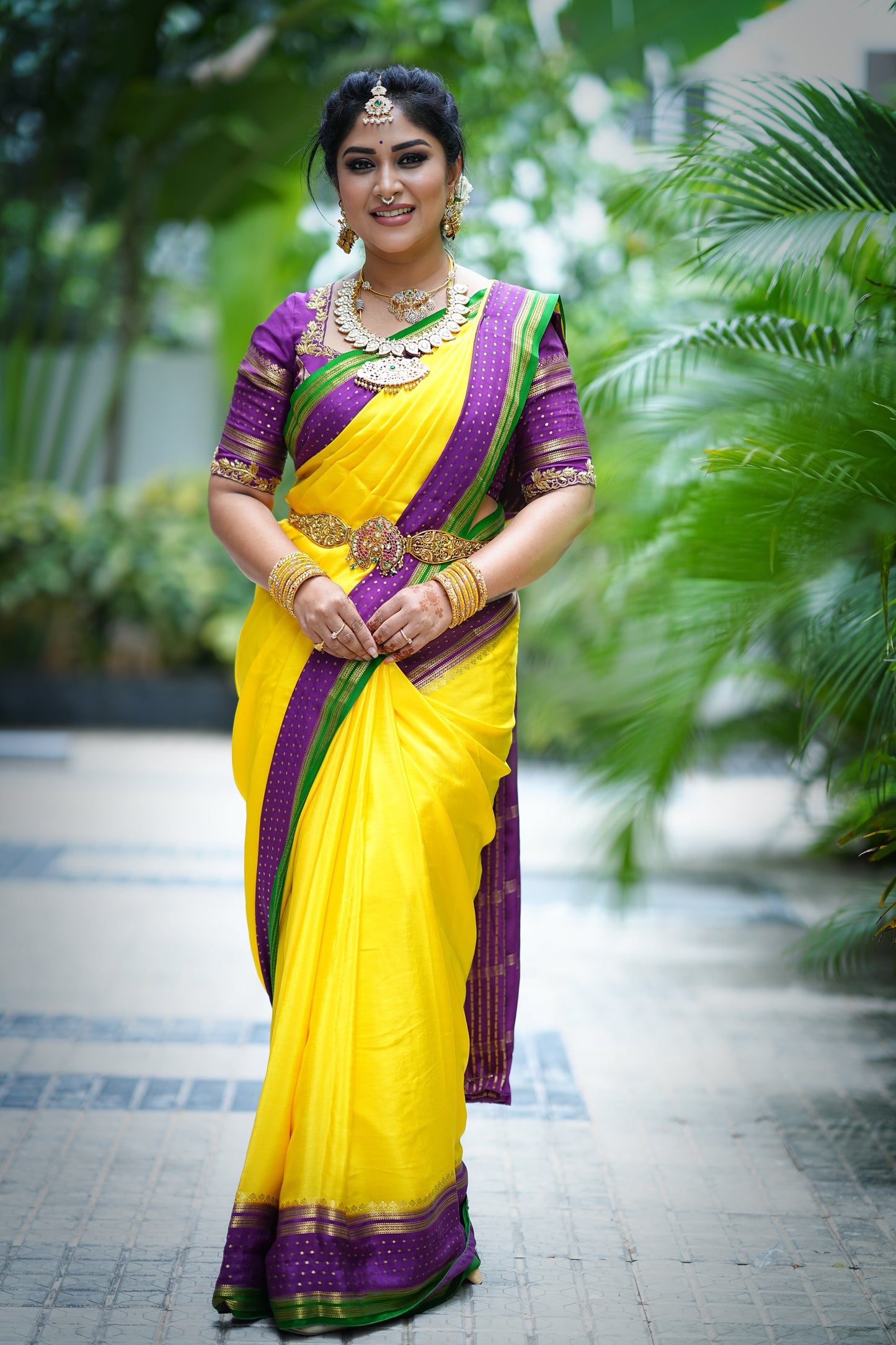 5.Pure Mysore Silk Saree - Boarder Lines Yellow Purple and Green