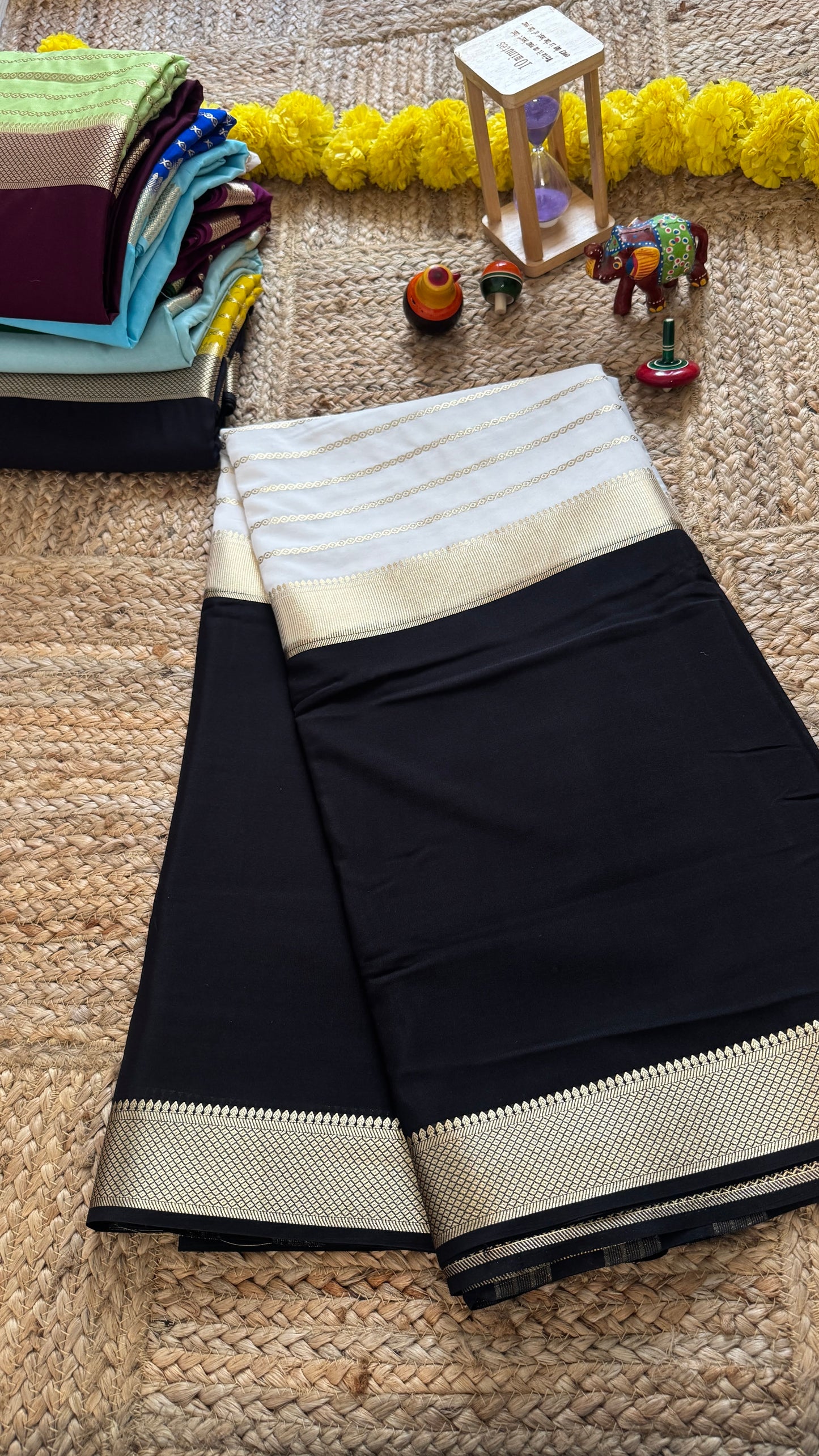 Black and White - Premium Semi Mysore Crepe Silk Centre Stripes Saree
