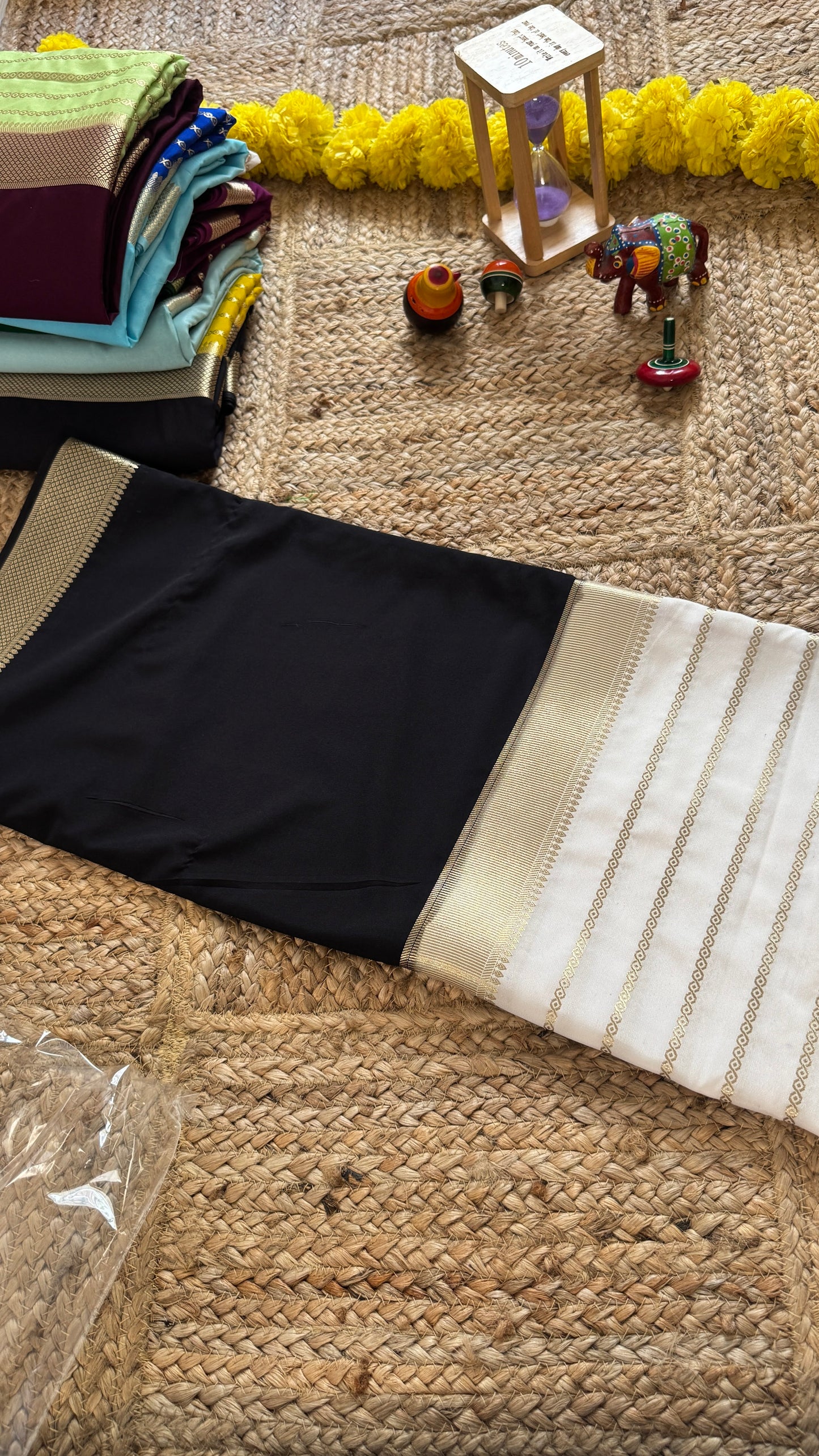 Black and White - Premium Semi Mysore Crepe Silk Centre Stripes Saree