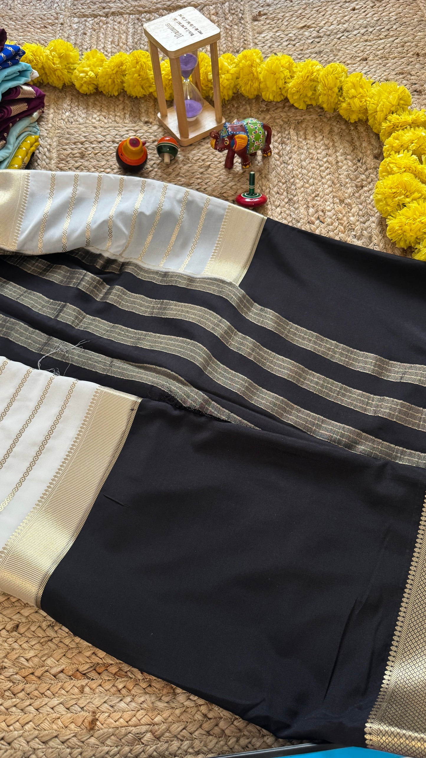 Black and White - Premium Semi Mysore Crepe Silk Centre Stripes Saree