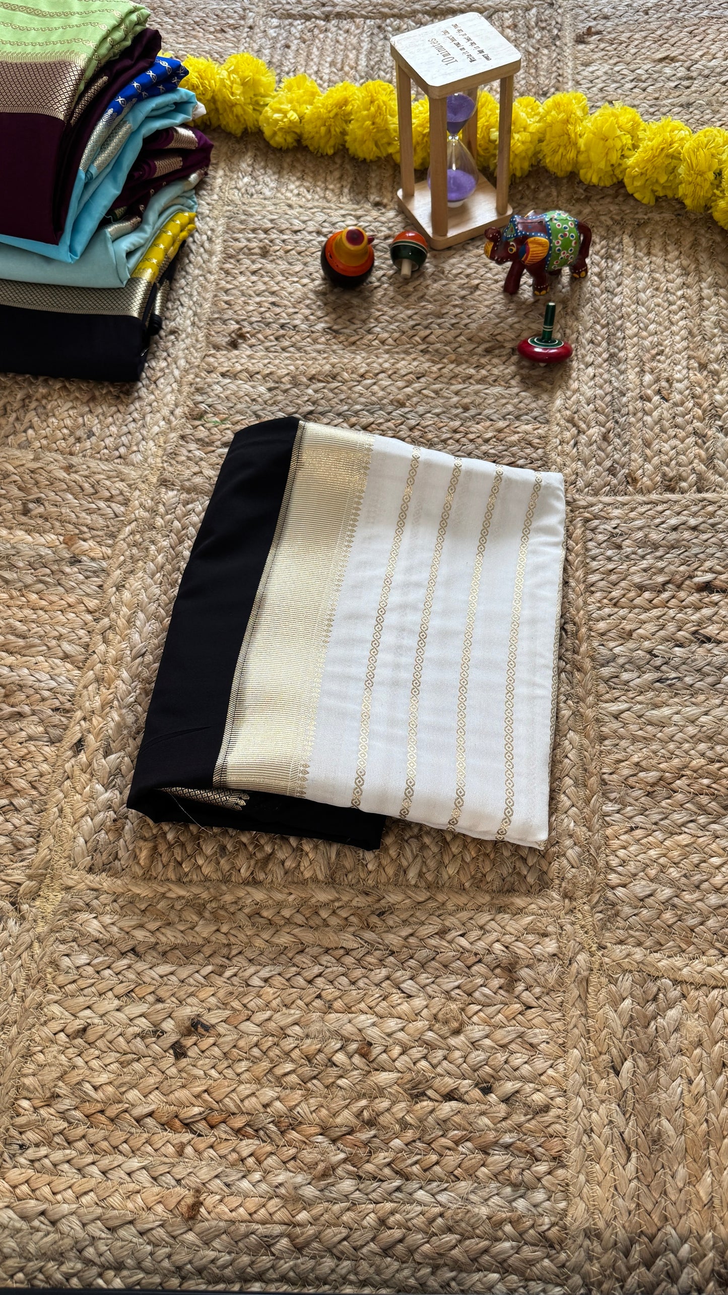 Black and White - Premium Semi Mysore Crepe Silk Centre Stripes Saree