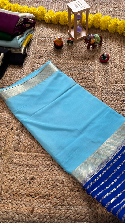 Sky Blue and Royal Blue - Premium Semi Mysore Crepe Silk Centre Stripes Saree