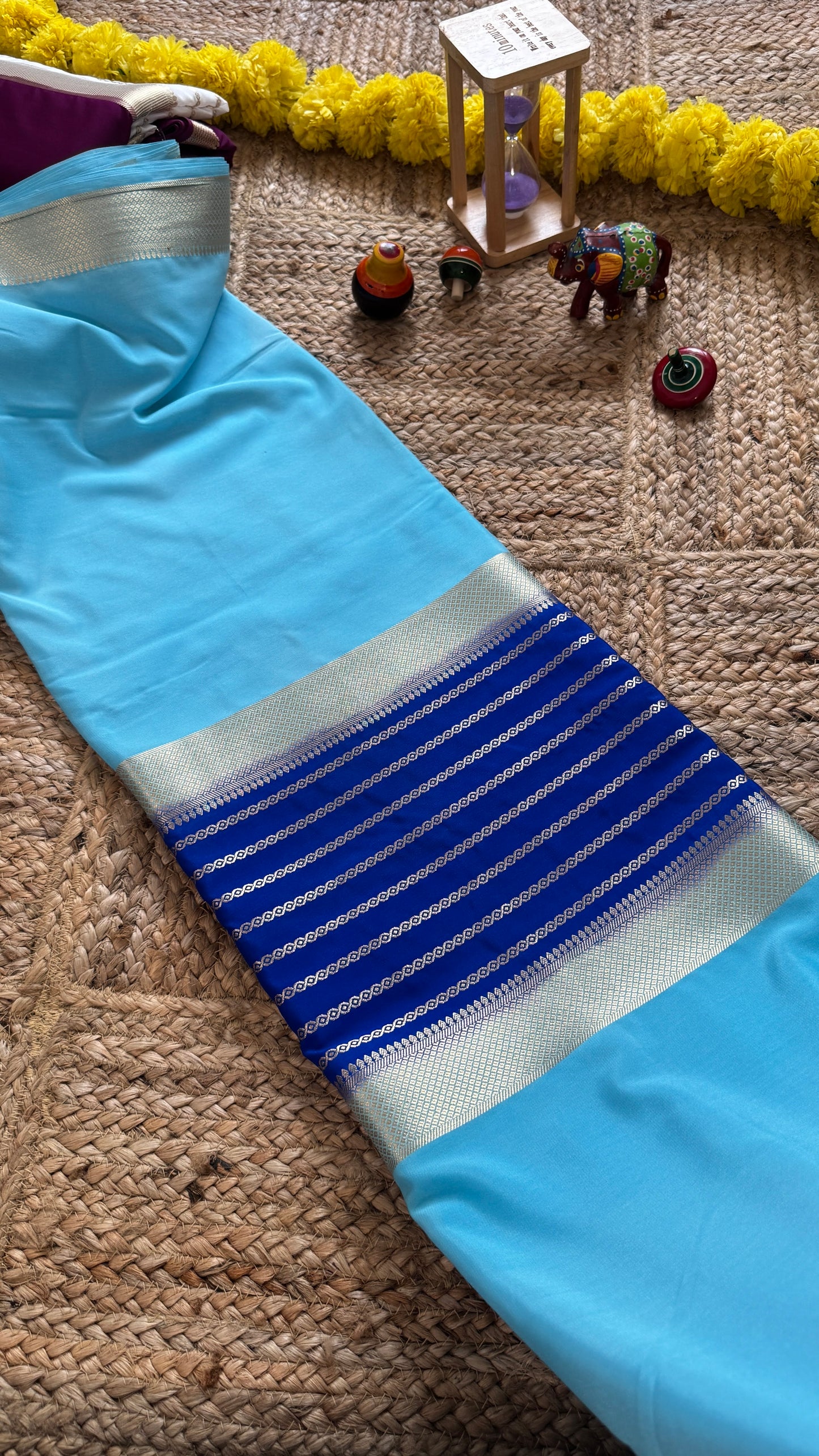 Sky Blue and Royal Blue - Premium Semi Mysore Crepe Silk Centre Stripes Saree