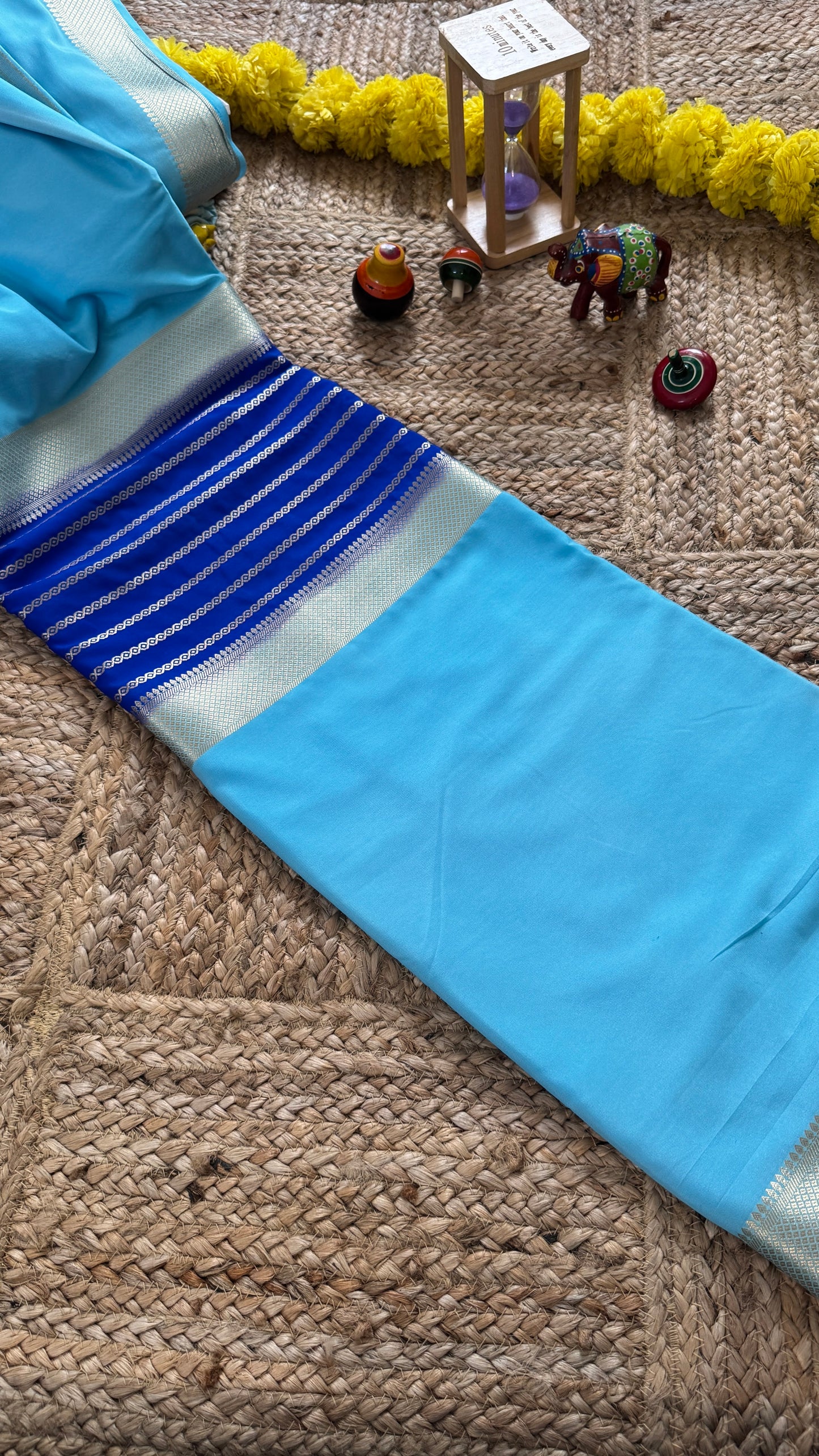 Sky Blue and Royal Blue - Premium Semi Mysore Crepe Silk Centre Stripes Saree