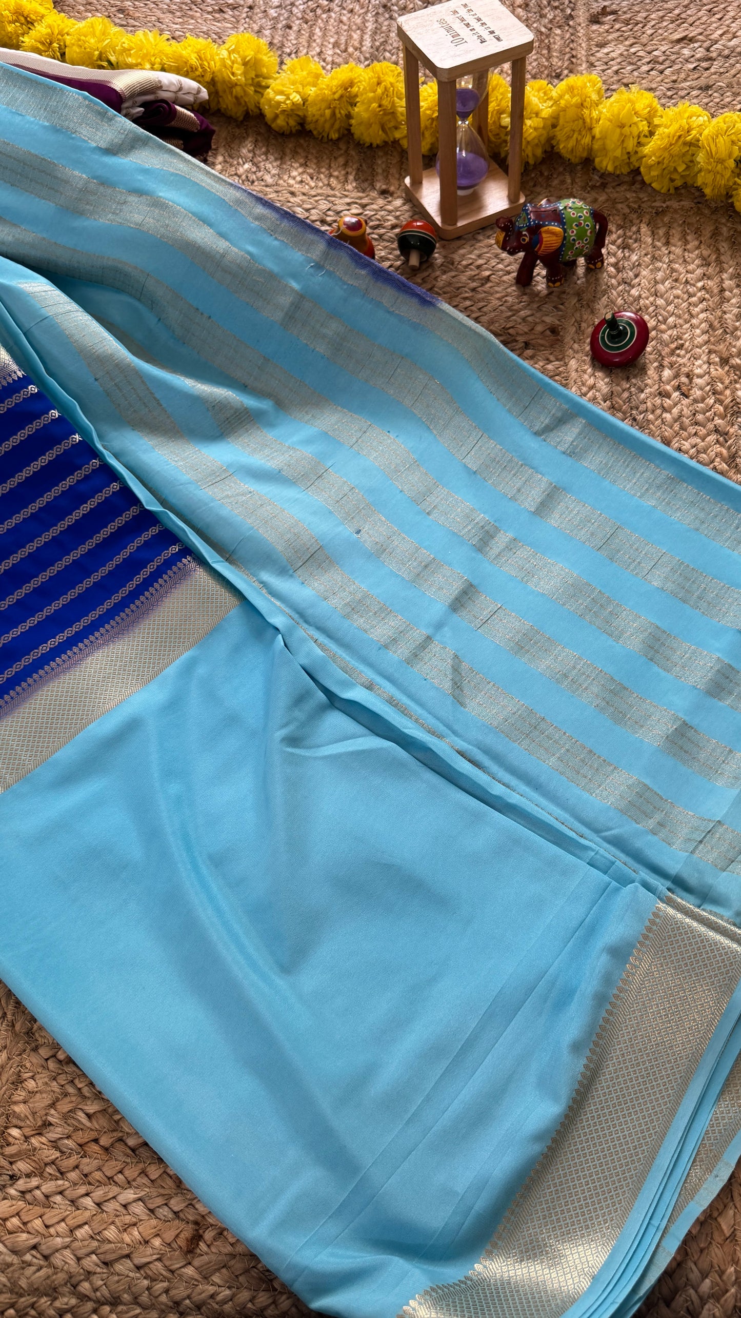 Sky Blue and Royal Blue - Premium Semi Mysore Crepe Silk Centre Stripes Saree