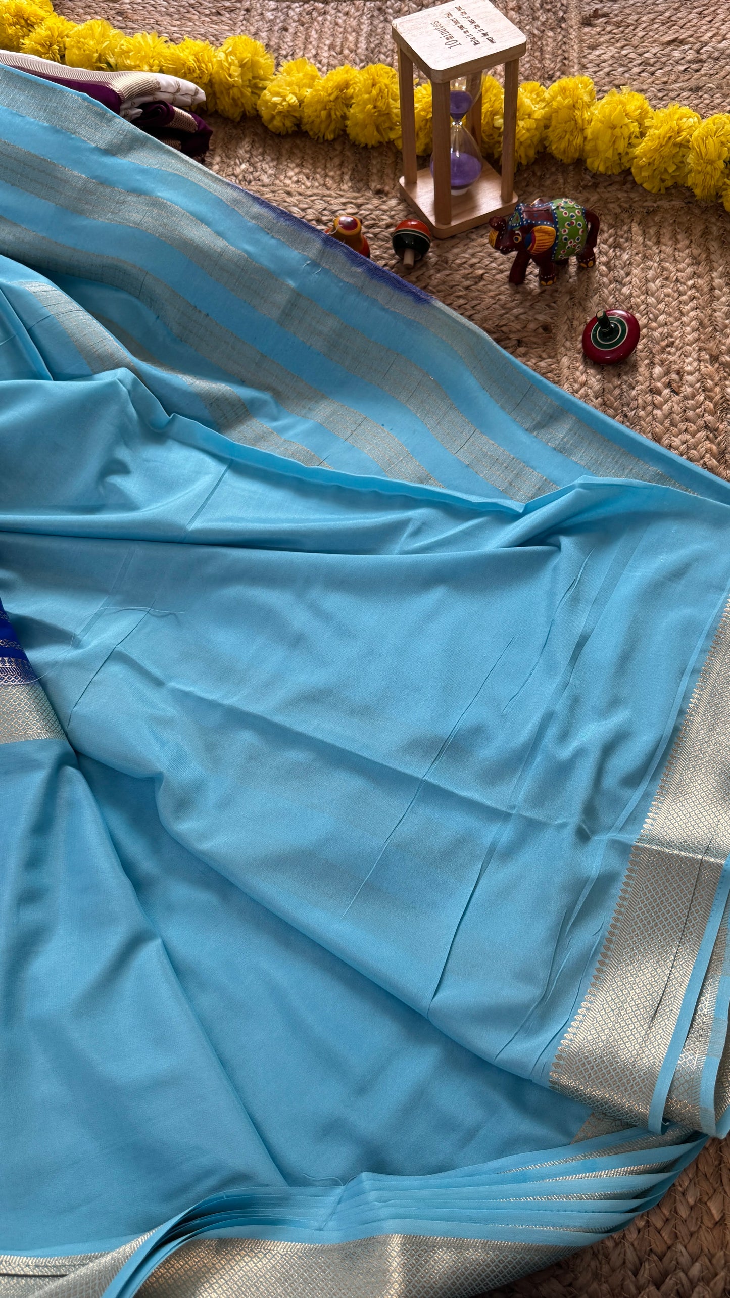 Sky Blue and Royal Blue - Premium Semi Mysore Crepe Silk Centre Stripes Saree