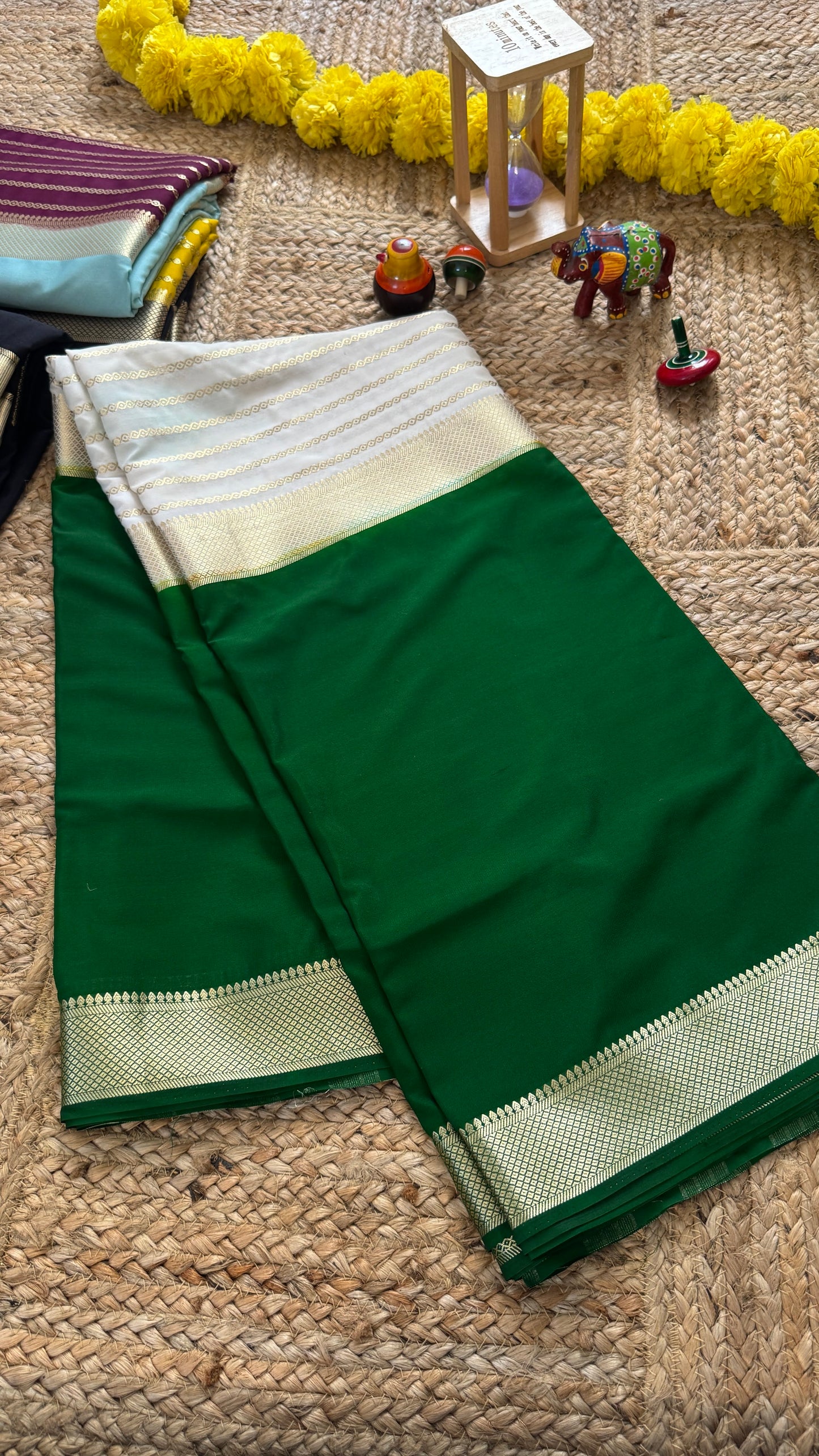 Cream and Green - Premium Semi Mysore Crepe Silk Centre Stripes Saree