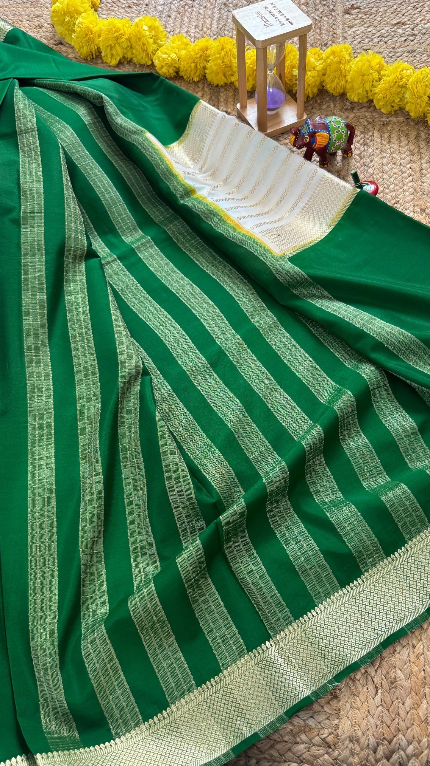Cream and Green - Premium Semi Mysore Crepe Silk Centre Stripes Saree