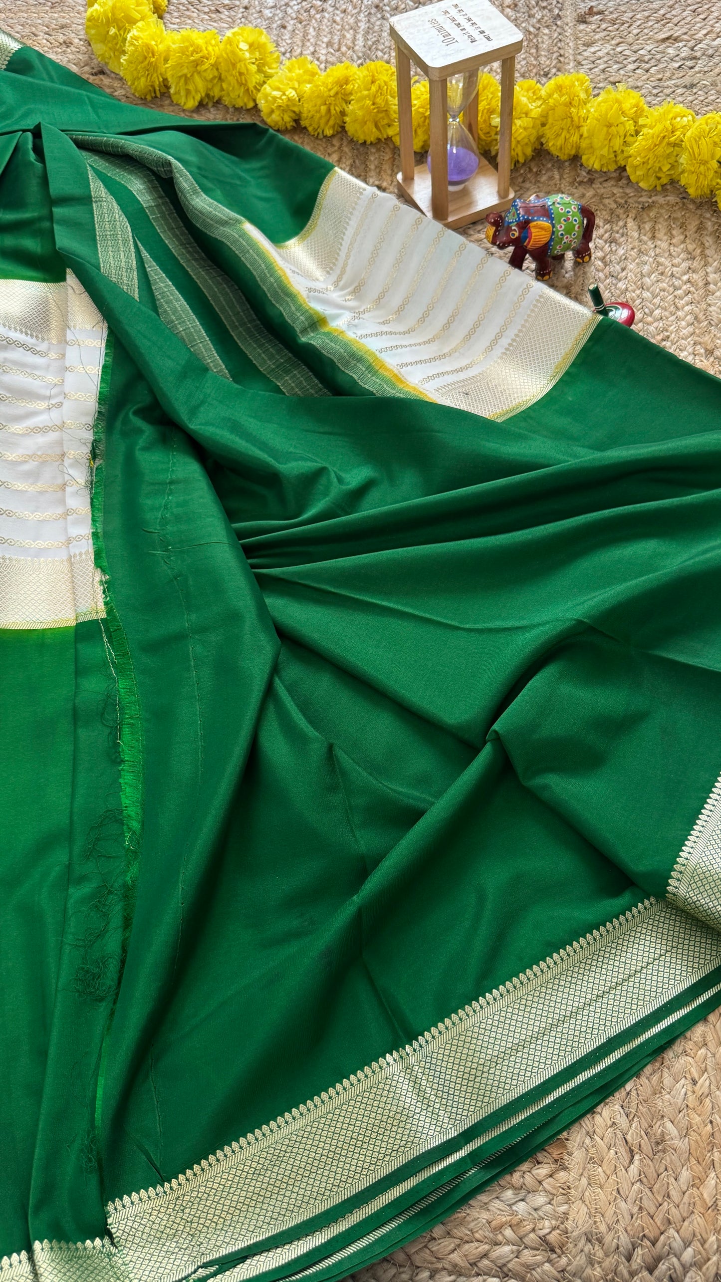 Cream and Green - Premium Semi Mysore Crepe Silk Centre Stripes Saree