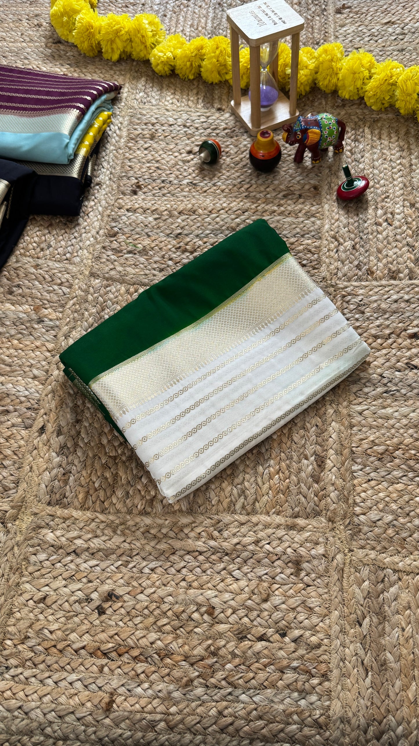Cream and Green - Premium Semi Mysore Crepe Silk Centre Stripes Saree