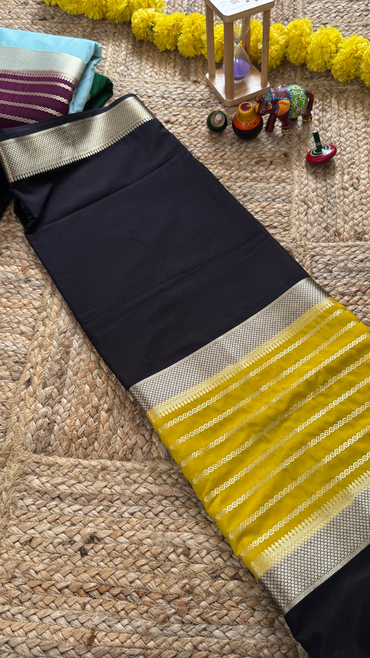 Black and Mustard - Premium Semi Mysore Crepe Silk Centre Stripes Saree