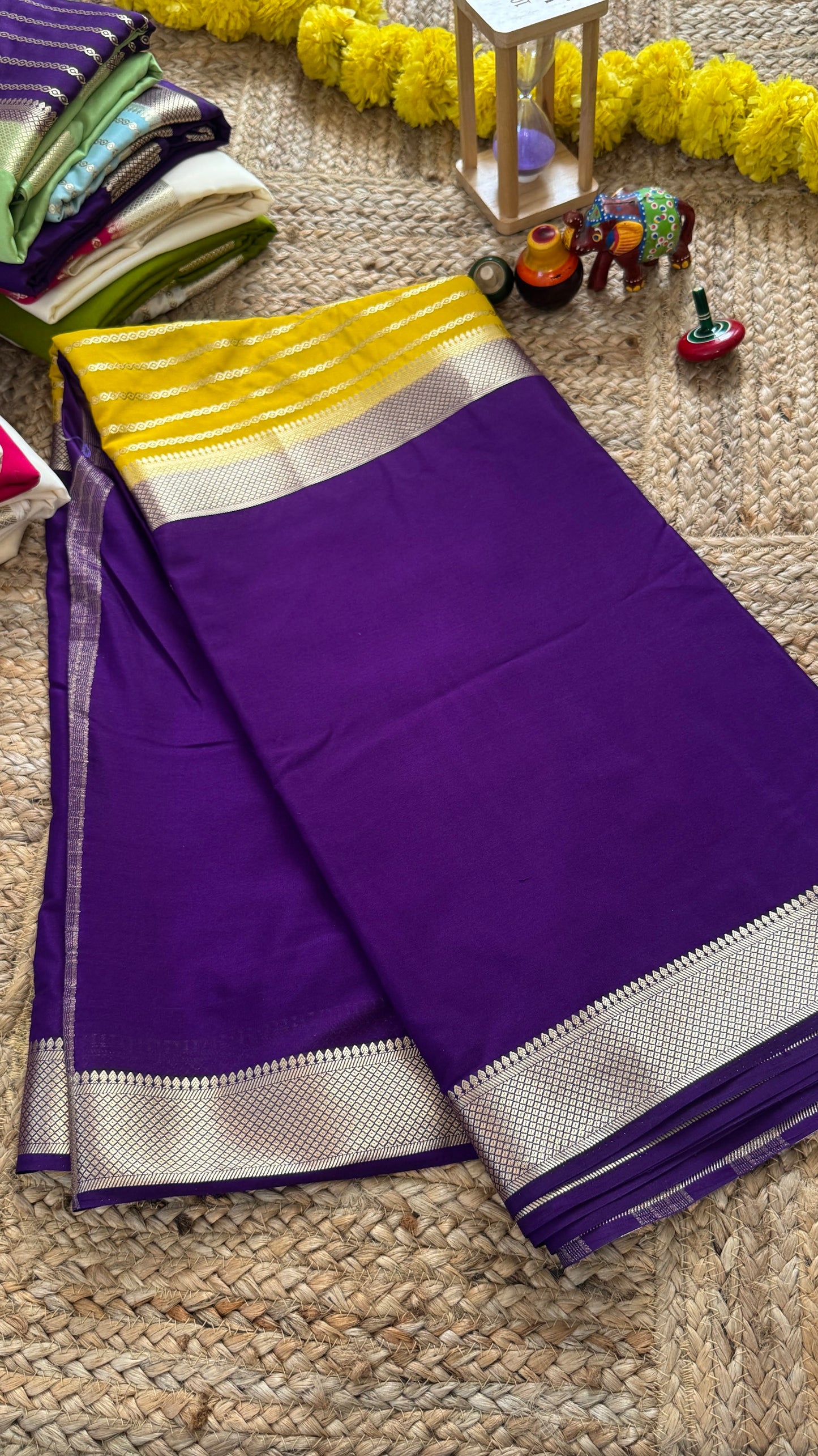 Purple and Mustard - Premium Semi Mysore Crepe Silk Centre Stripes Saree