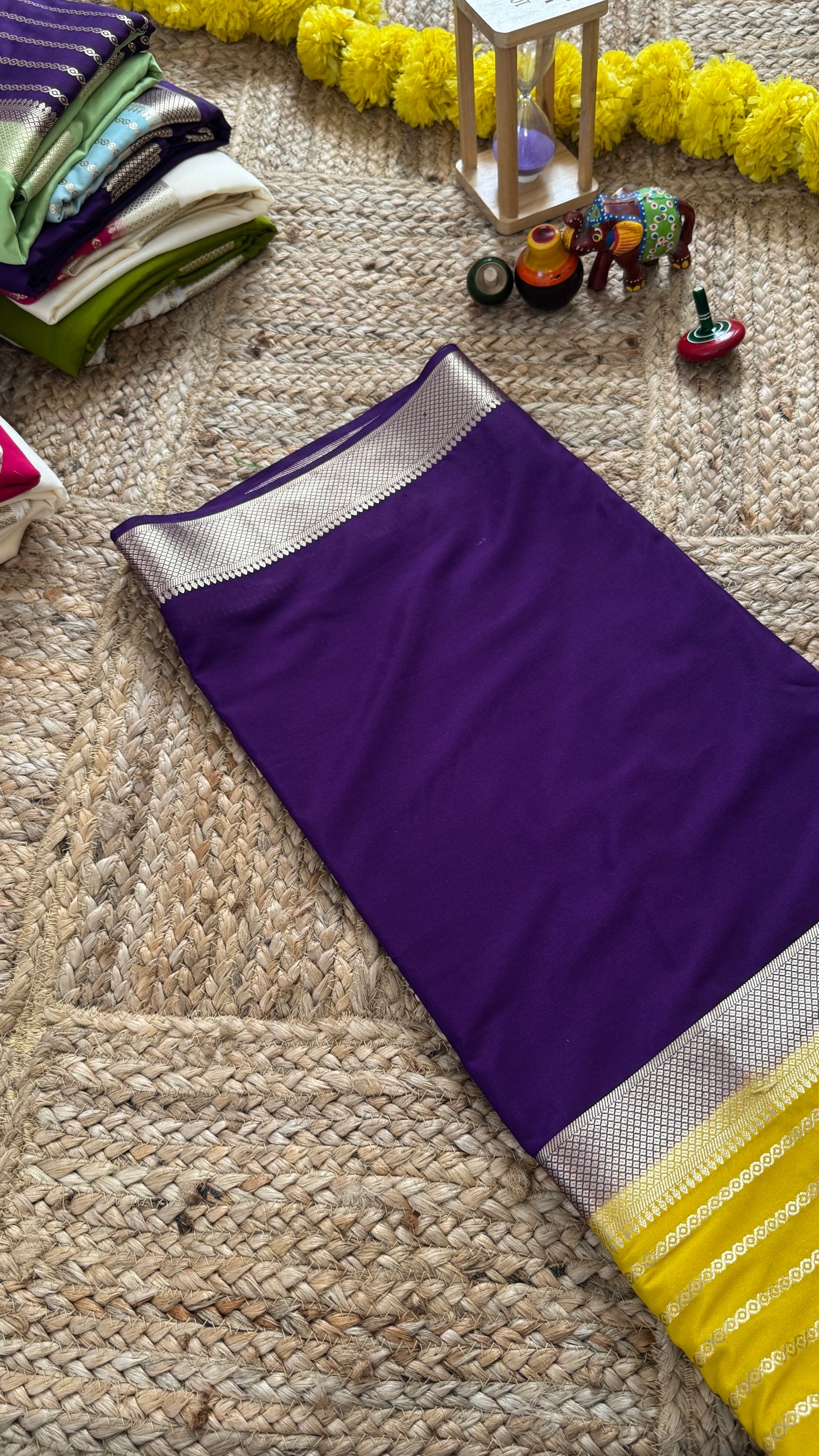 Purple and Mustard - Premium Semi Mysore Crepe Silk Centre Stripes Saree