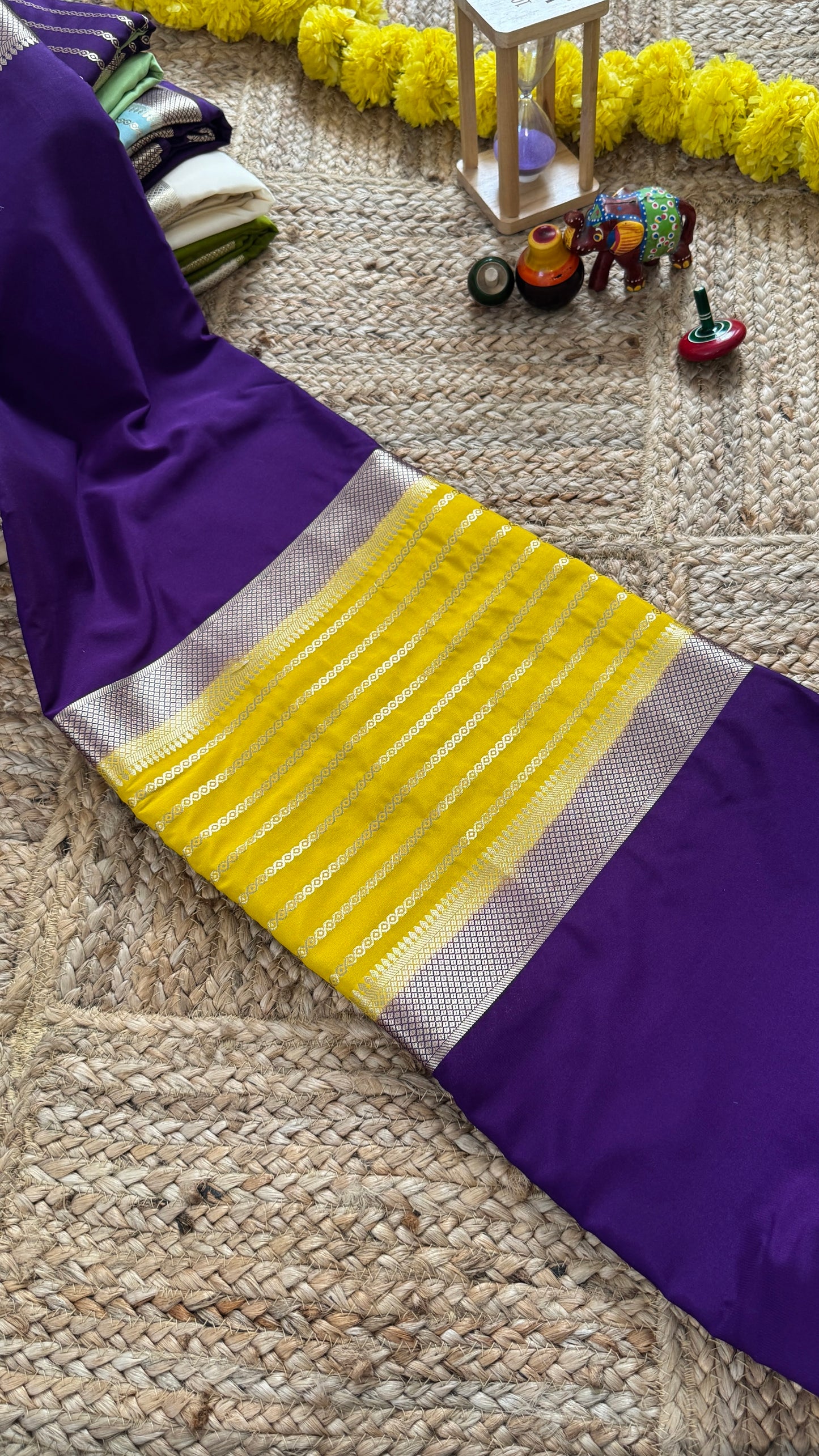 Purple and Mustard - Premium Semi Mysore Crepe Silk Centre Stripes Saree