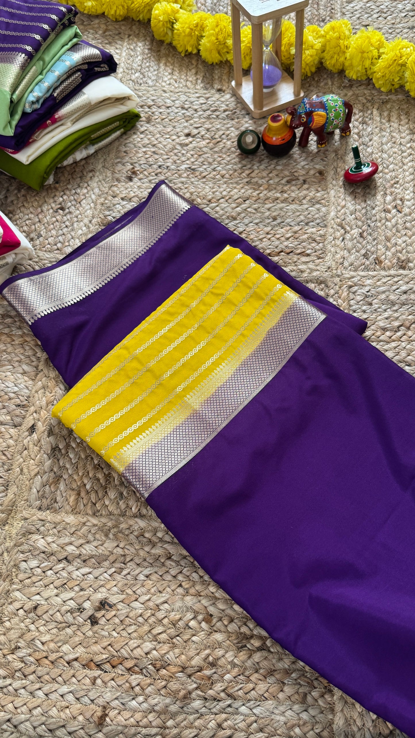 Purple and Mustard - Premium Semi Mysore Crepe Silk Centre Stripes Saree