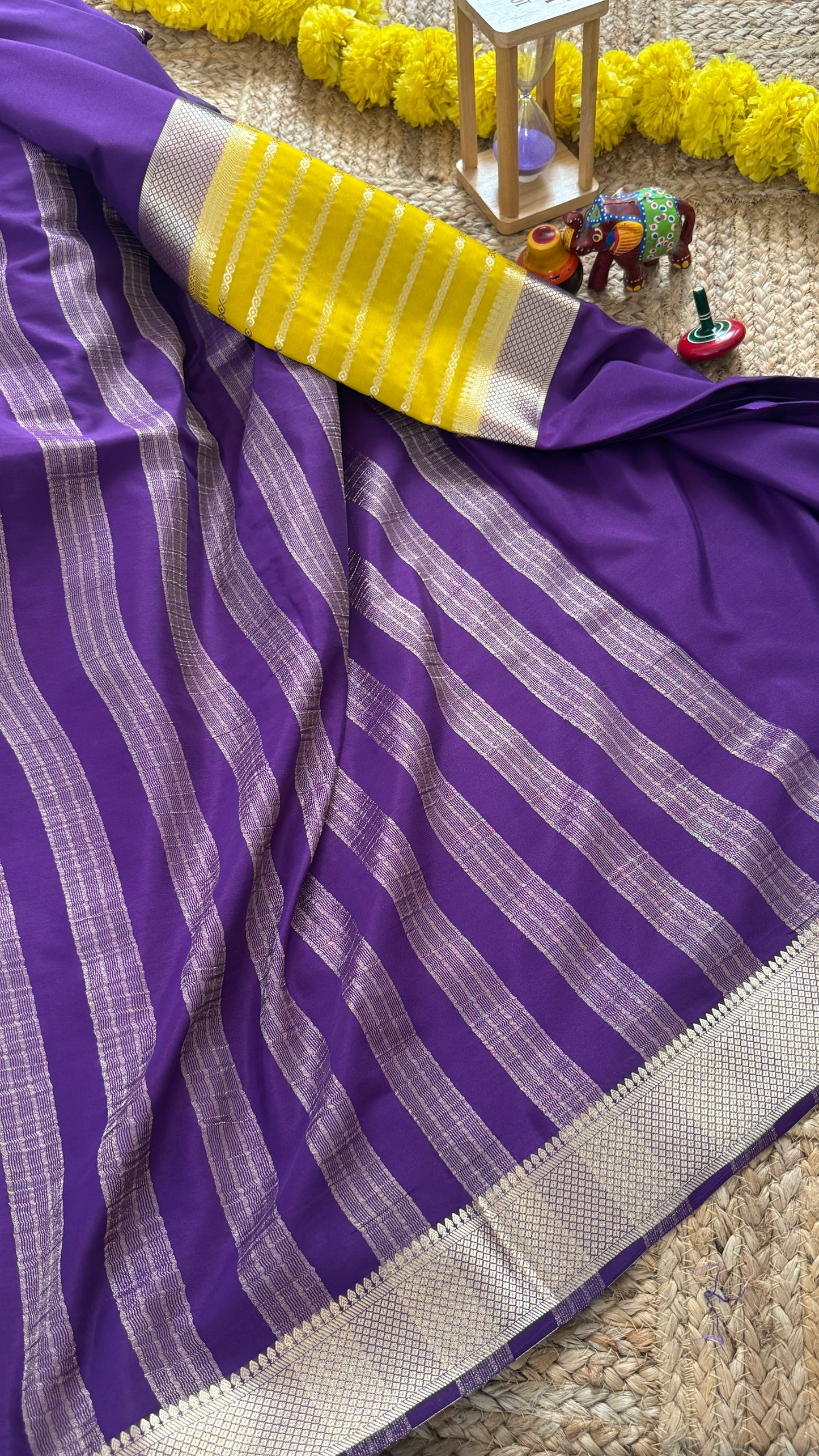 Purple and Mustard - Premium Semi Mysore Crepe Silk Centre Stripes Saree