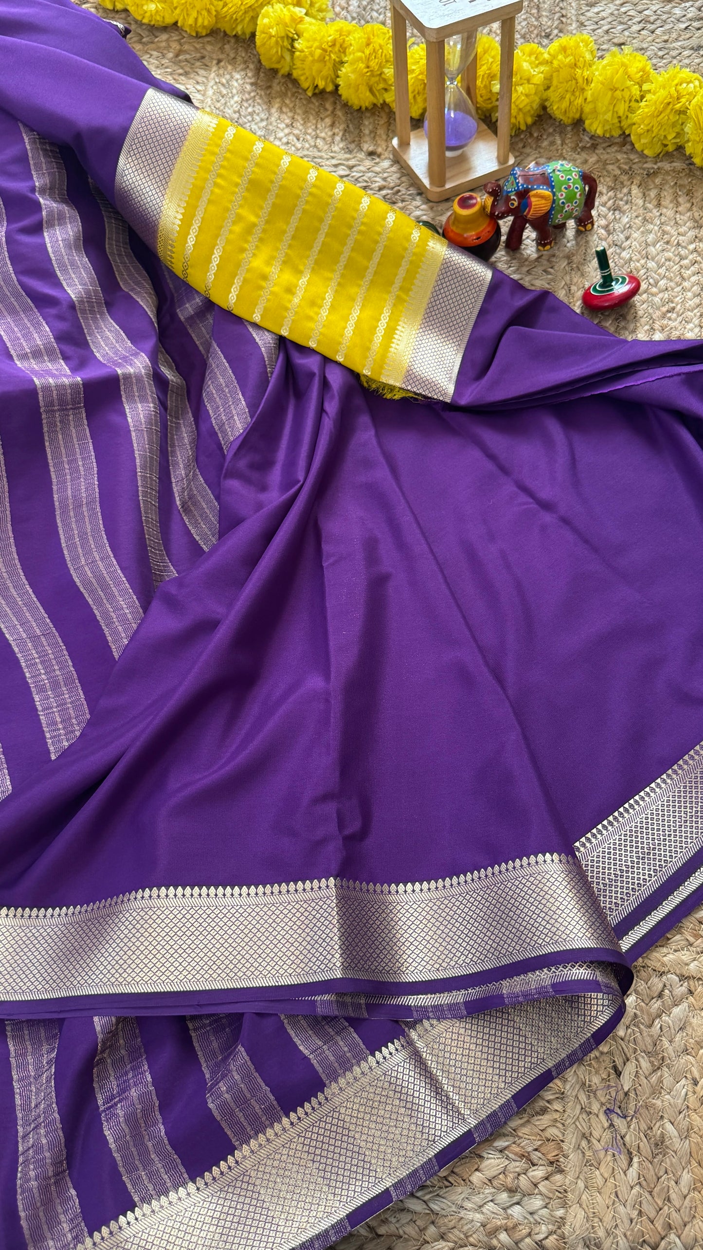 Purple and Mustard - Premium Semi Mysore Crepe Silk Centre Stripes Saree