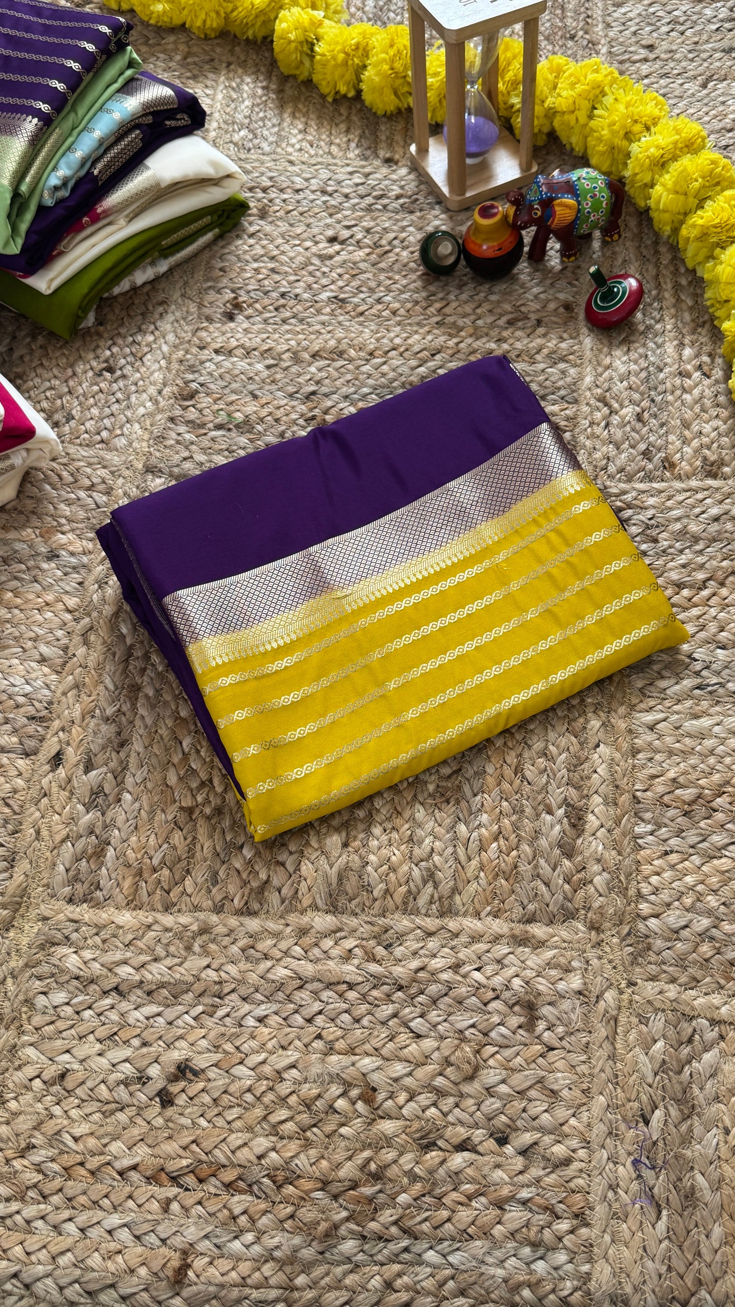 Purple and Mustard - Premium Semi Mysore Crepe Silk Centre Stripes Saree