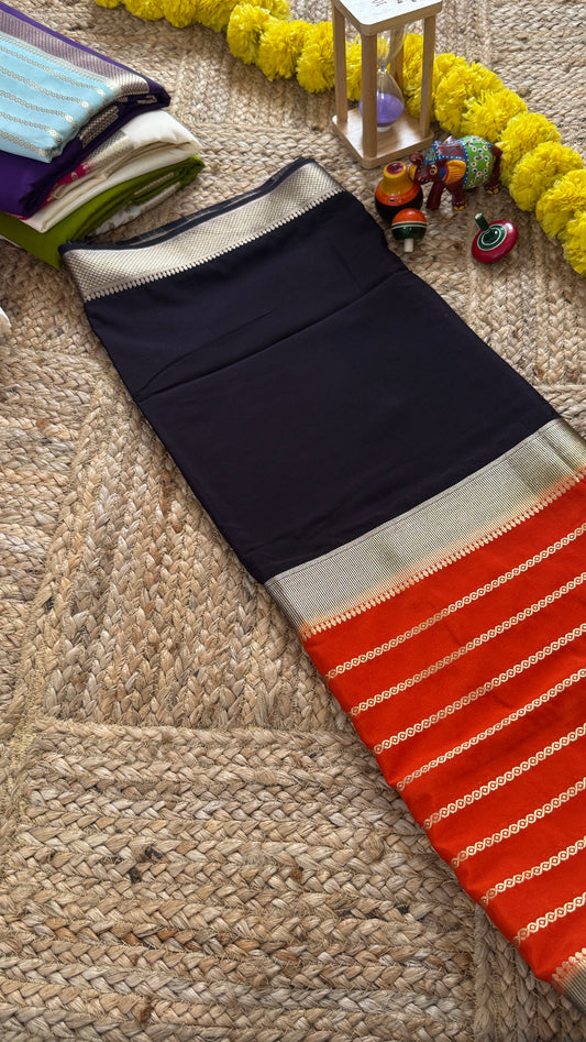 Black and Orange - Premium Semi Mysore Crepe Silk Centre Stripes Saree