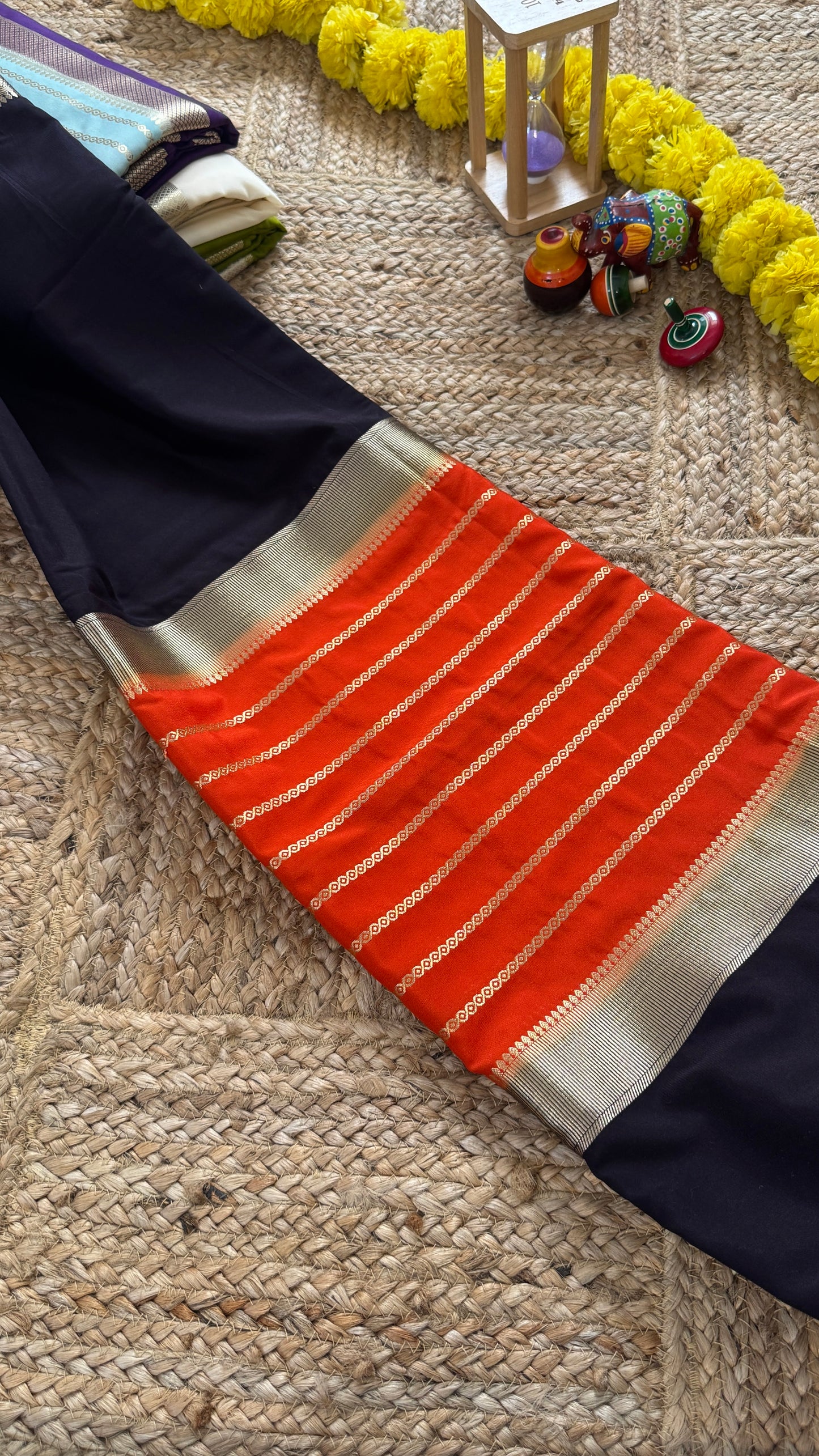 Black and Orange - Premium Semi Mysore Crepe Silk Centre Stripes Saree