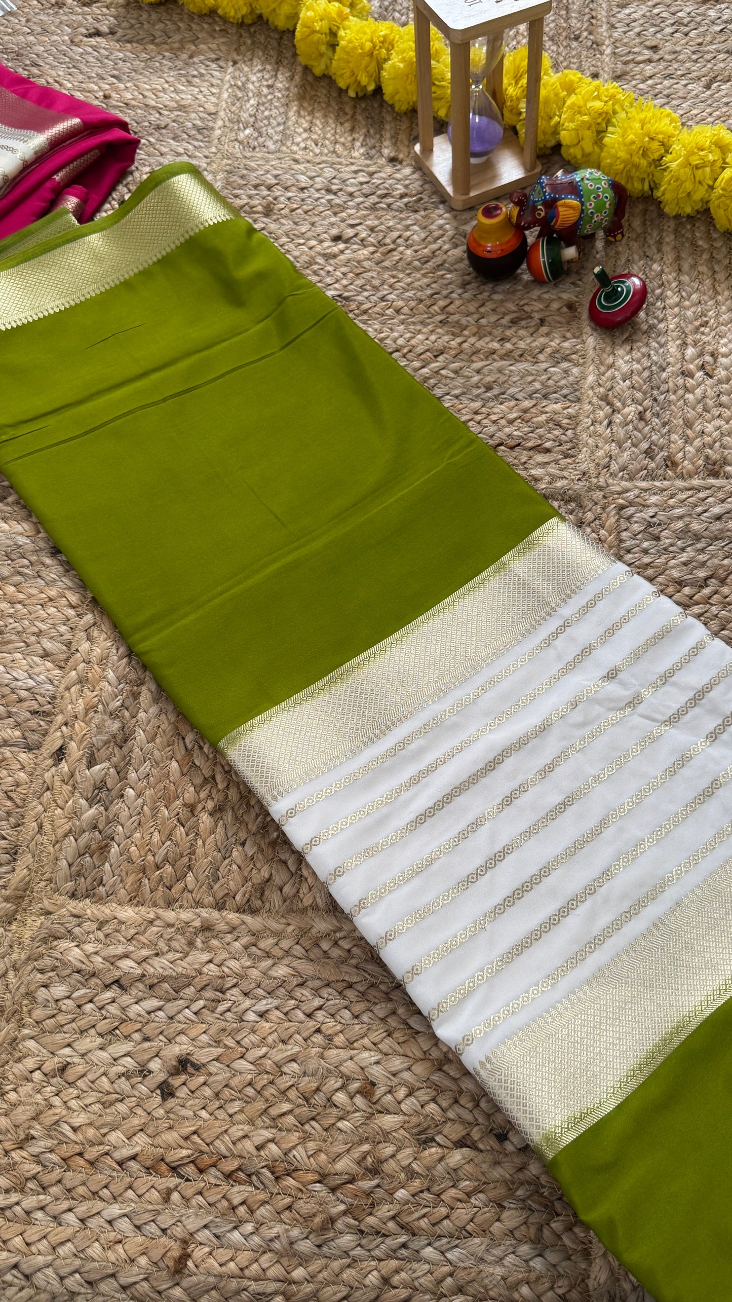Olive and Cream - Premium Semi Mysore Crepe Silk Centre Stripes Saree
