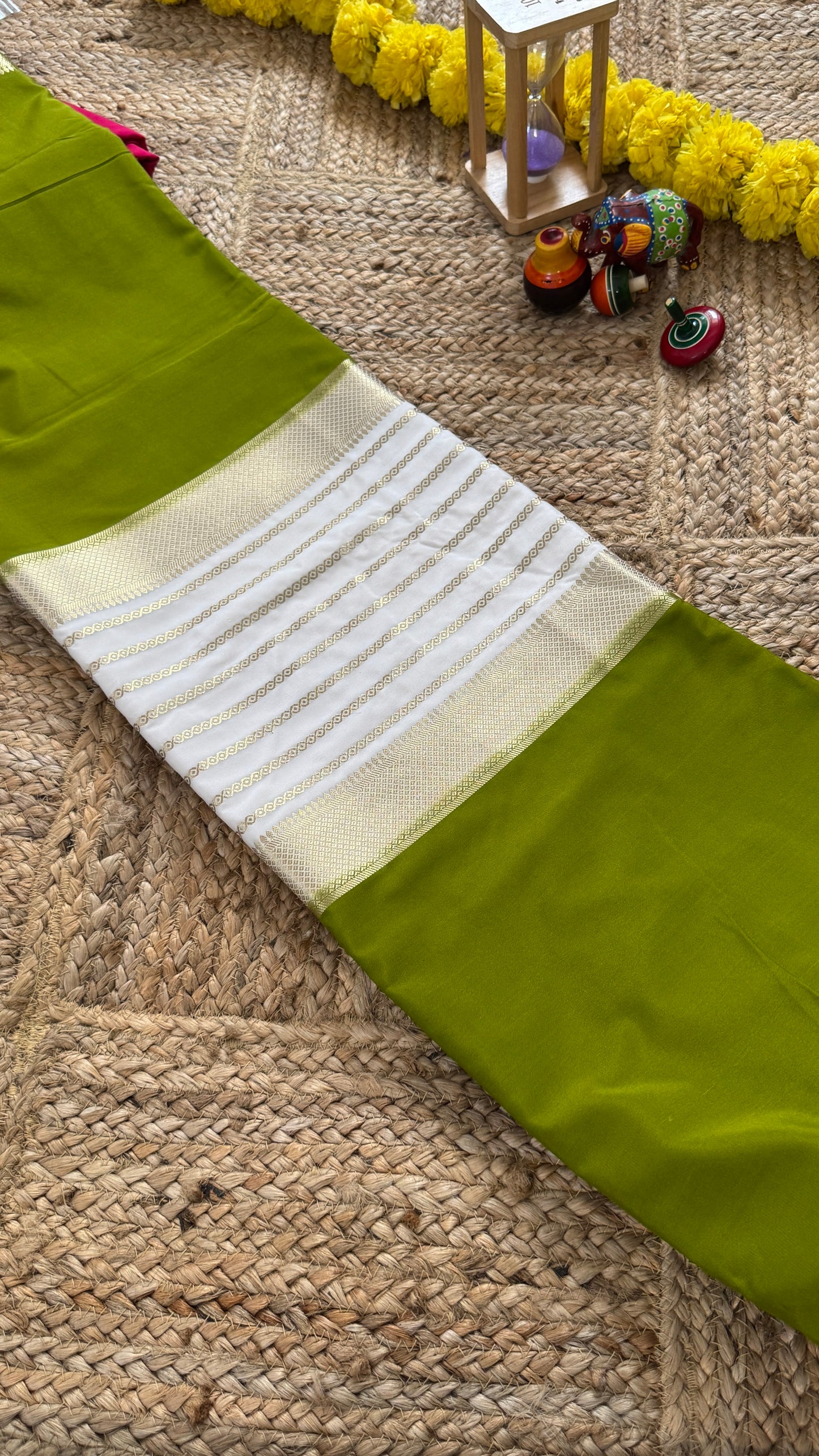 Olive and Cream - Premium Semi Mysore Crepe Silk Centre Stripes Saree