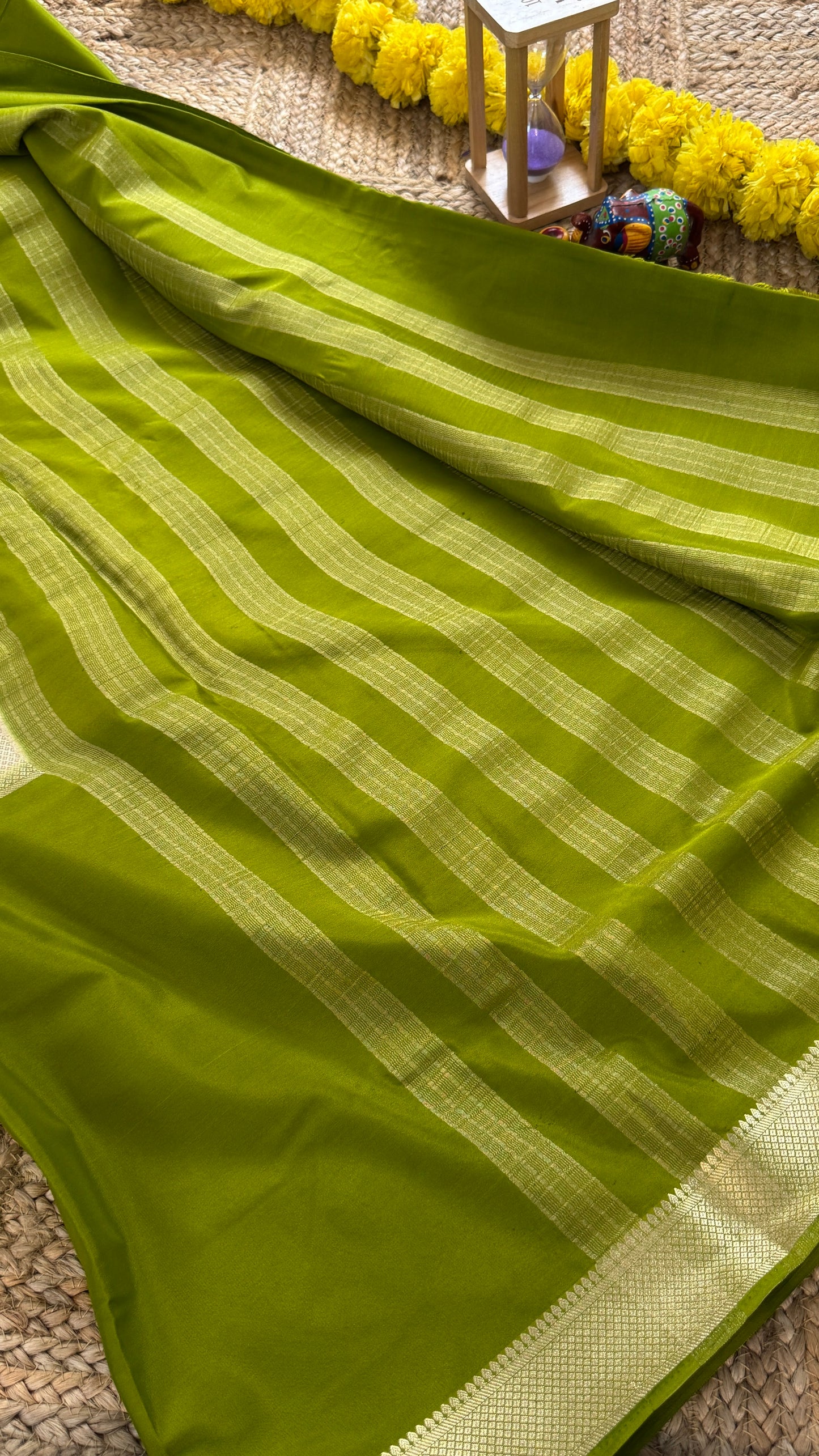 Olive and Cream - Premium Semi Mysore Crepe Silk Centre Stripes Saree