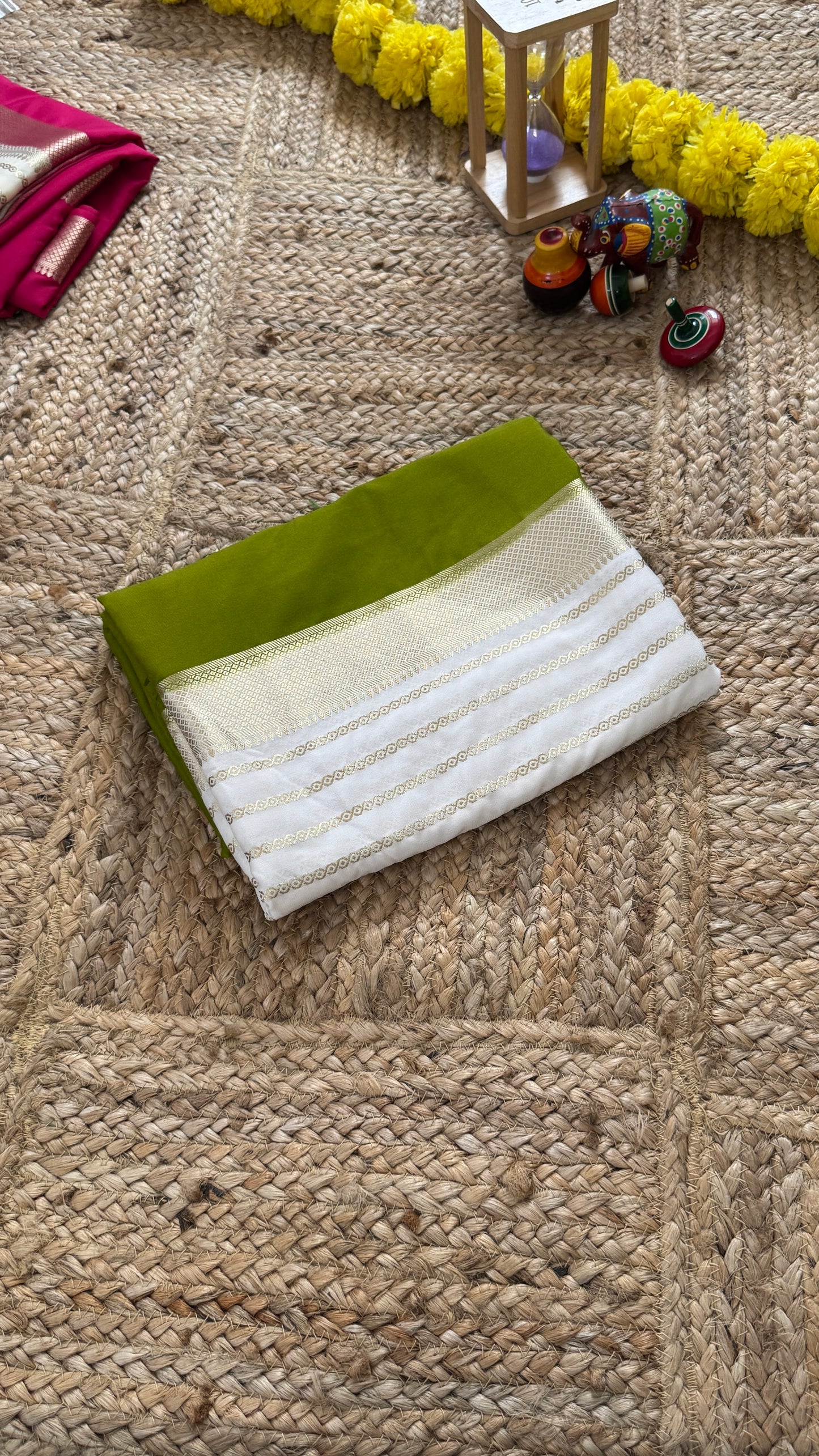 Olive and Cream - Premium Semi Mysore Crepe Silk Centre Stripes Saree