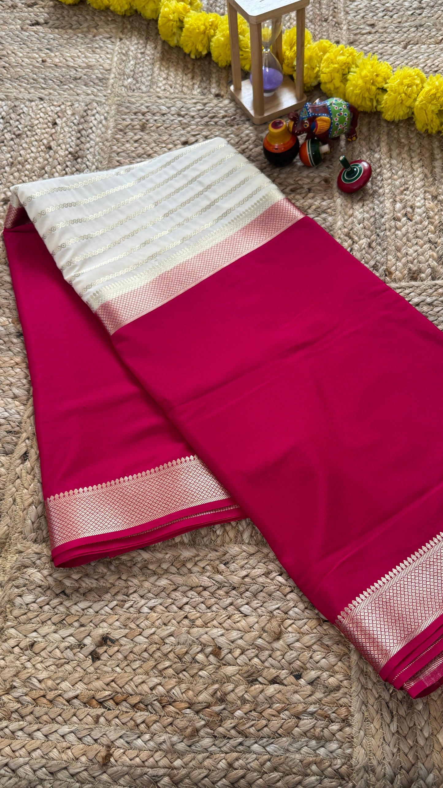Pink and Cream - Premium Semi Mysore Crepe Silk Centre Stripes Saree
