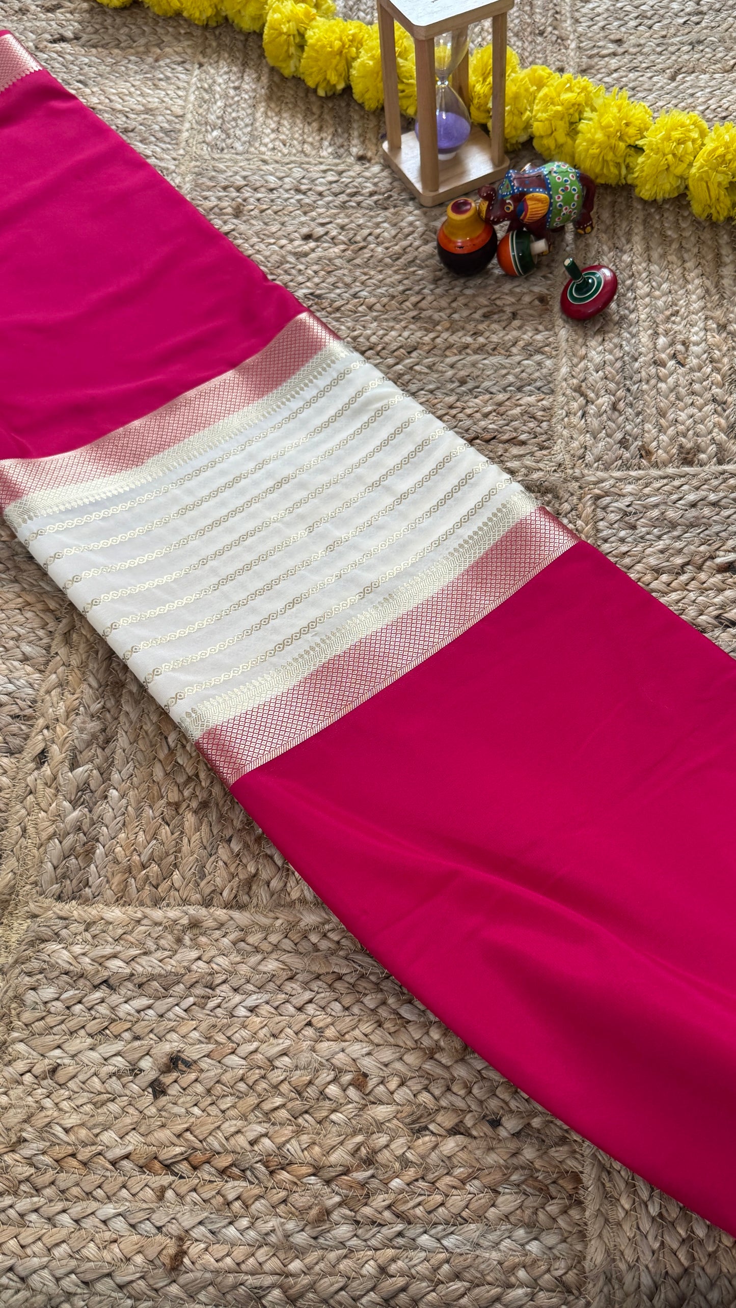 Pink and Cream - Premium Semi Mysore Crepe Silk Centre Stripes Saree