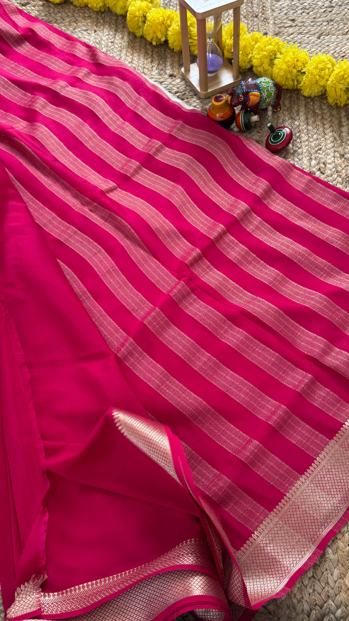 Pink and Cream - Premium Semi Mysore Crepe Silk Centre Stripes Saree
