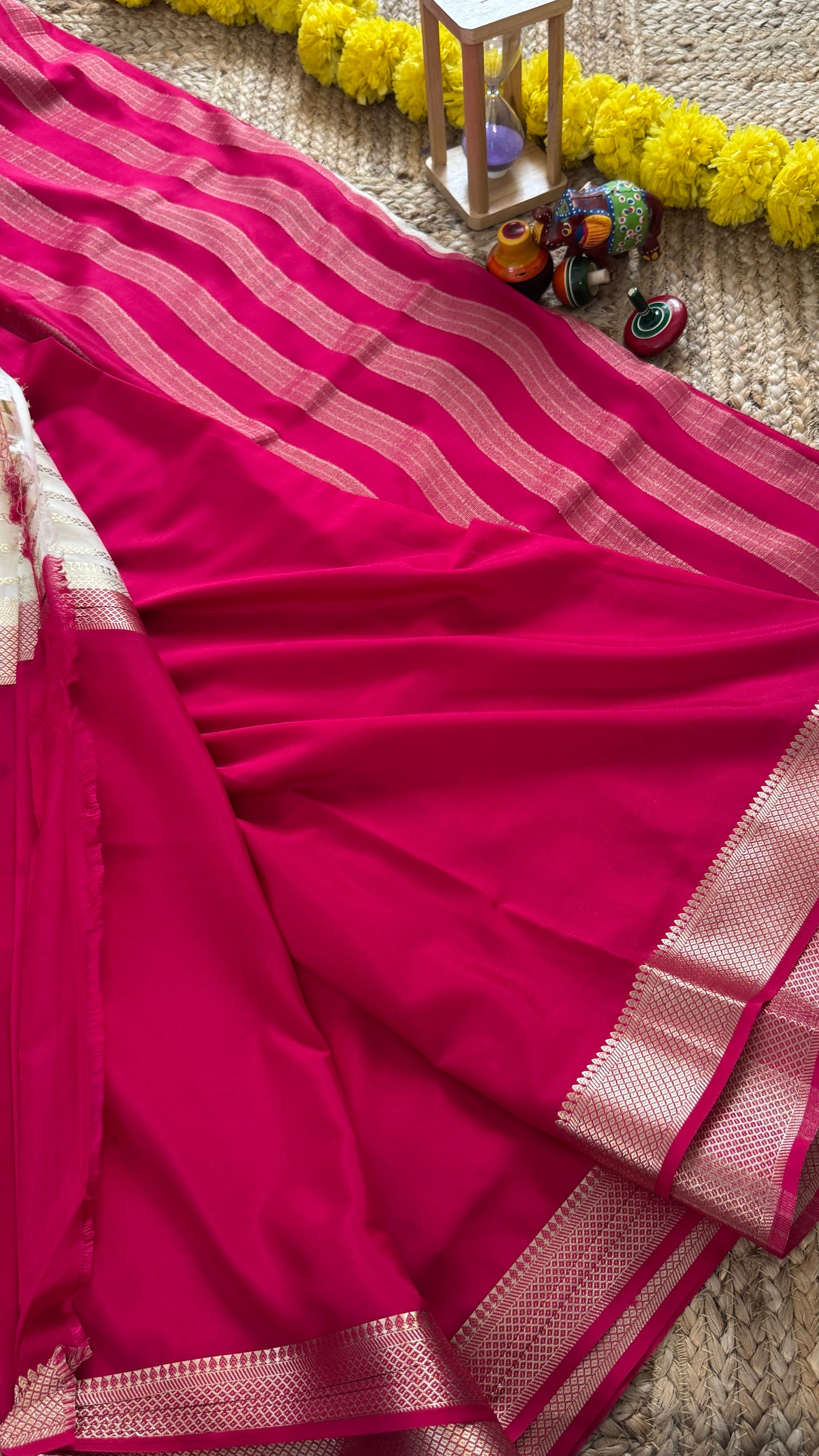 Pink and Cream - Premium Semi Mysore Crepe Silk Centre Stripes Saree