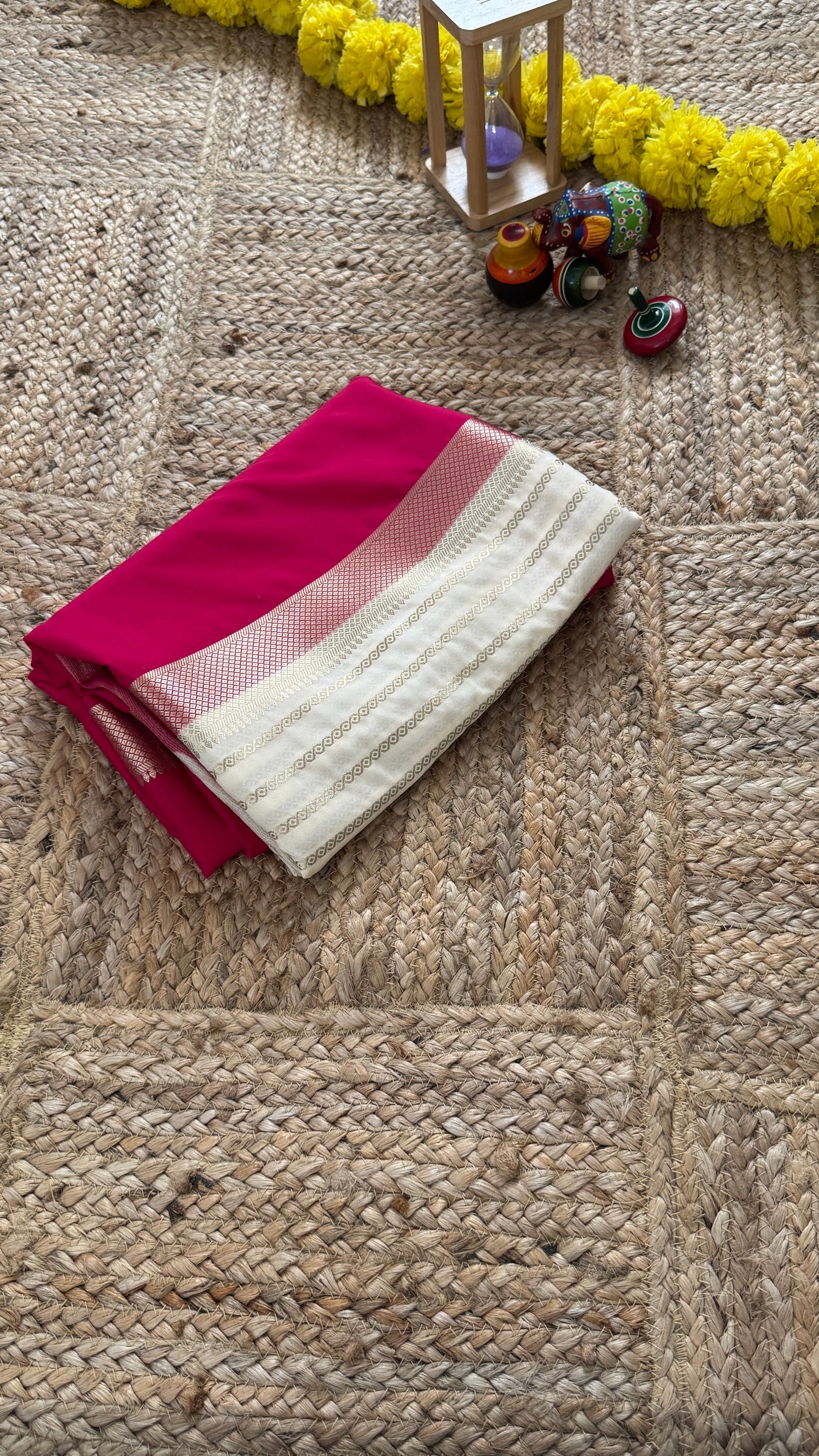 Pink and Cream - Premium Semi Mysore Crepe Silk Centre Stripes Saree