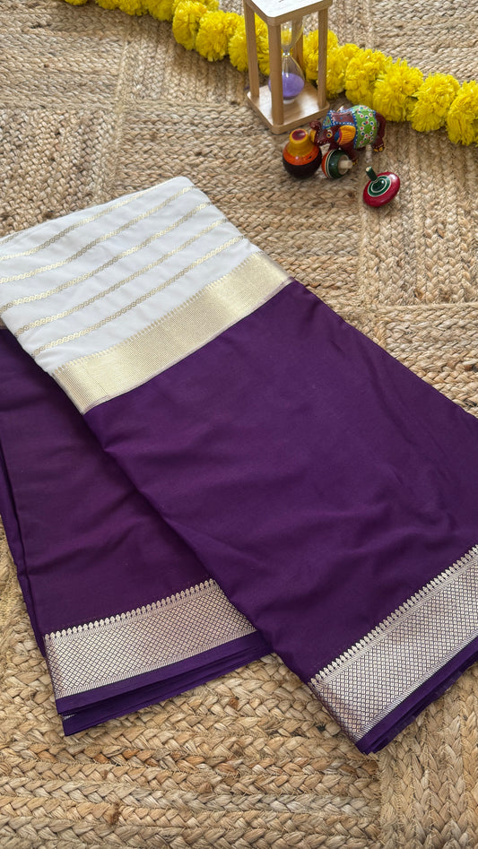 Cream and Purple - Premium Semi Mysore Crepe Silk Centre Stripes Saree