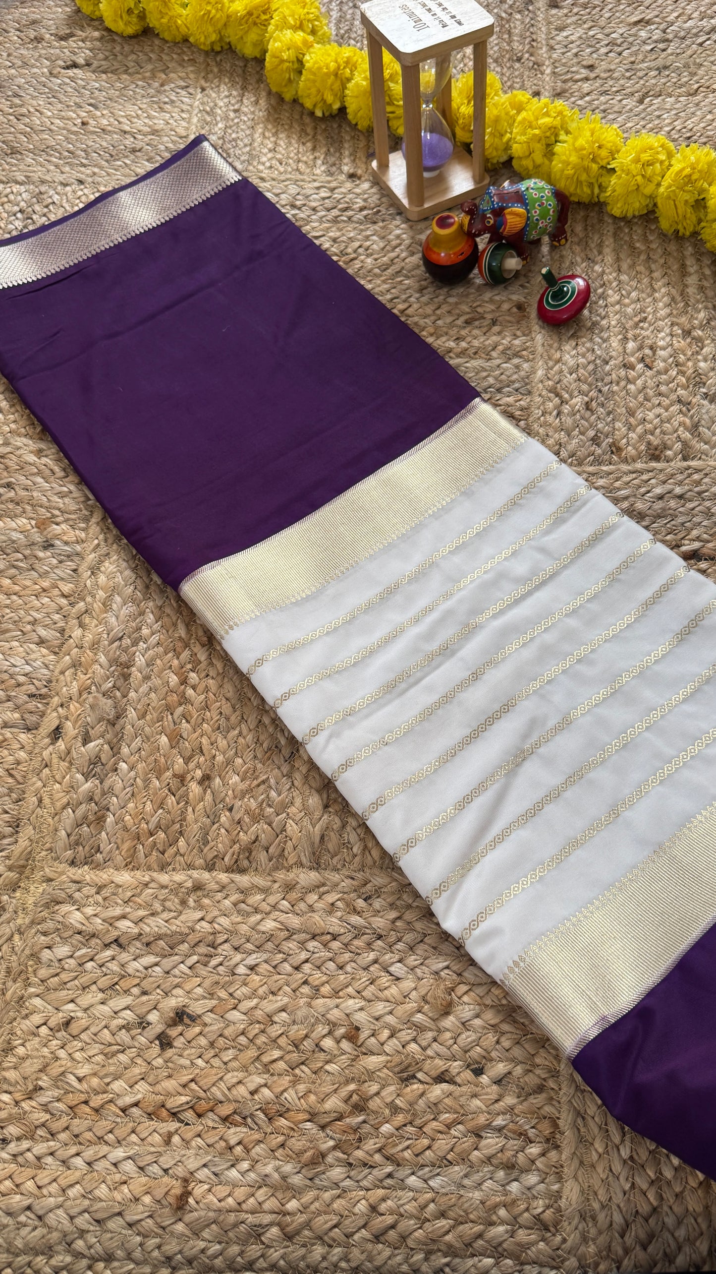 Cream and Purple - Premium Semi Mysore Crepe Silk Centre Stripes Saree