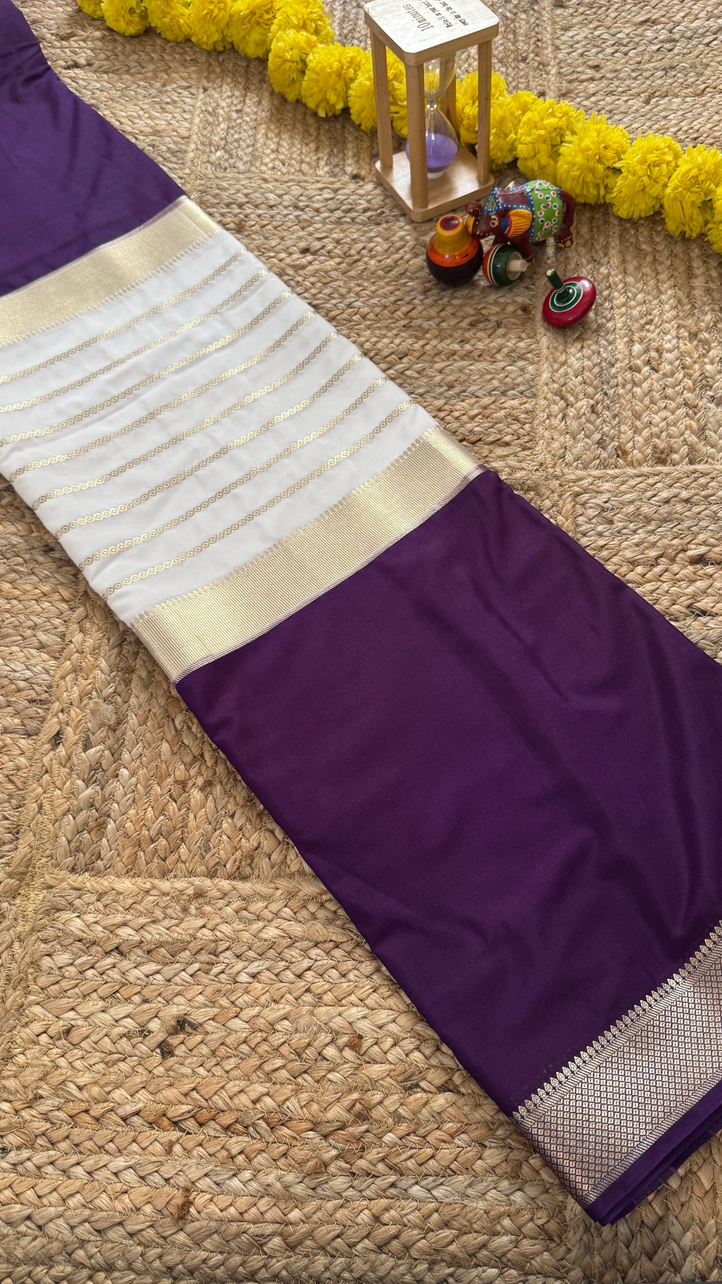 Cream and Purple - Premium Semi Mysore Crepe Silk Centre Stripes Saree