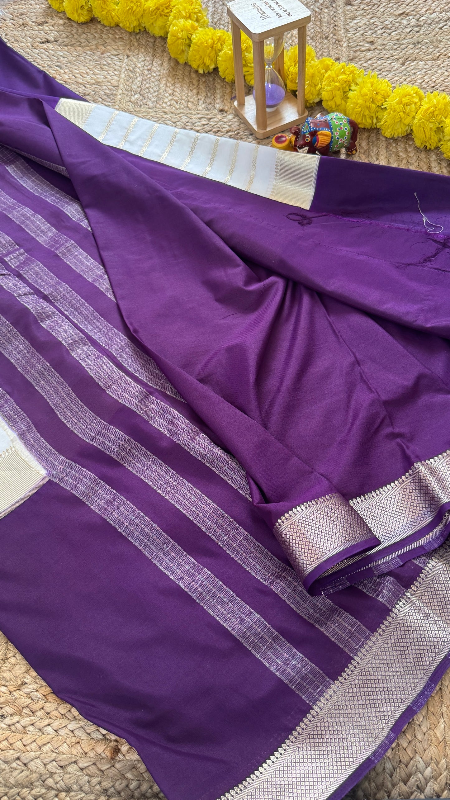 Cream and Purple - Premium Semi Mysore Crepe Silk Centre Stripes Saree