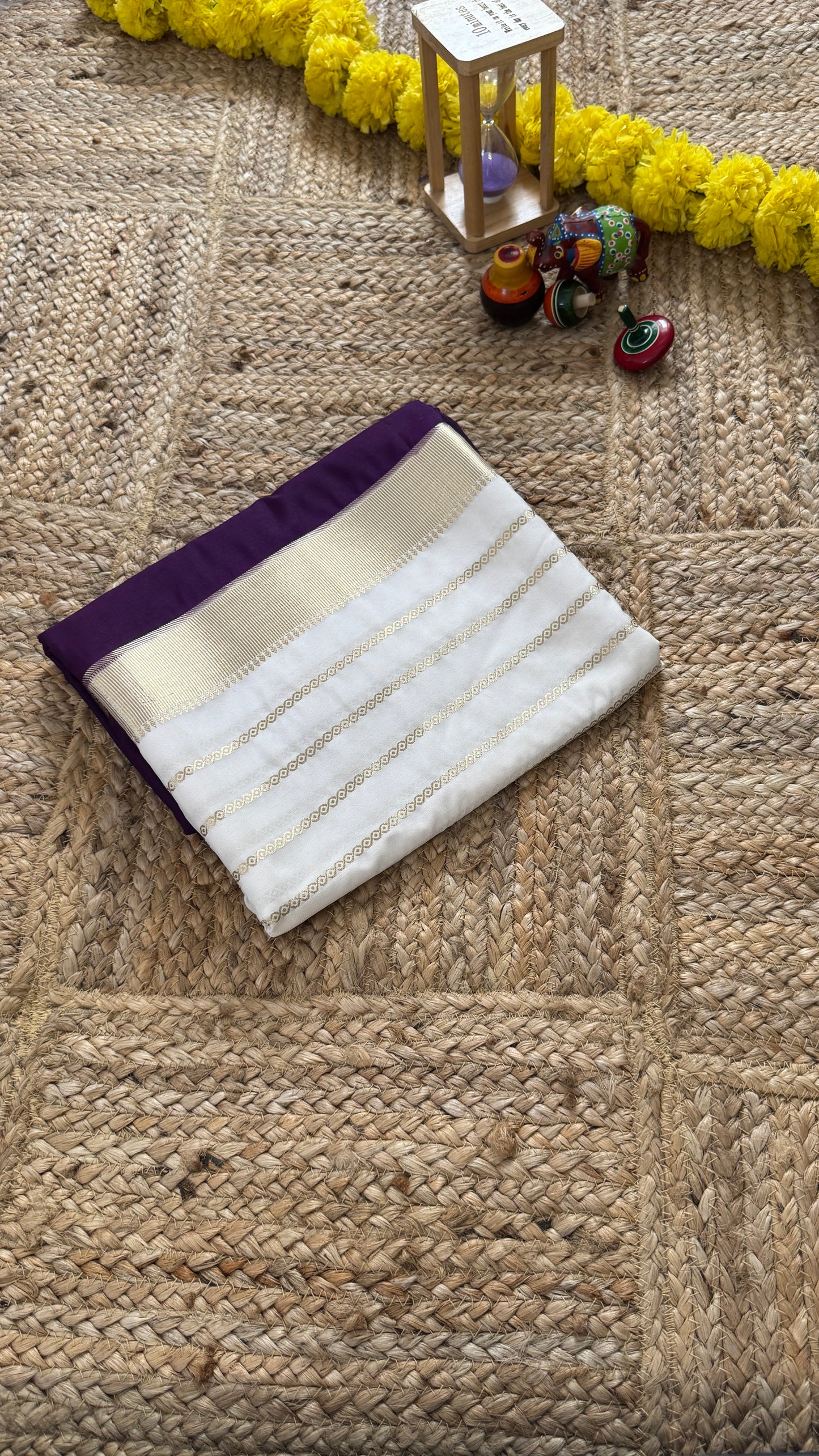 Cream and Purple - Premium Semi Mysore Crepe Silk Centre Stripes Saree