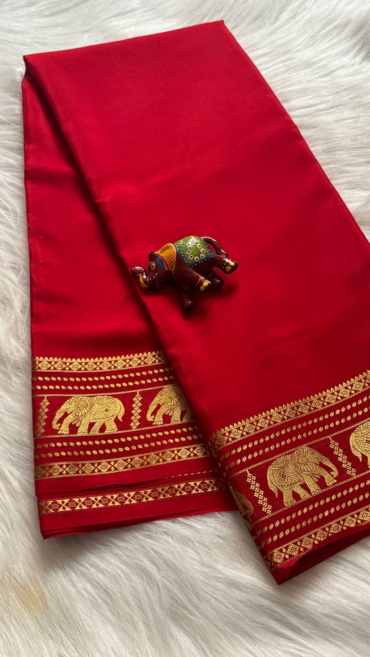 Pure Mysore Silk Saree - Elephant Boarder Red