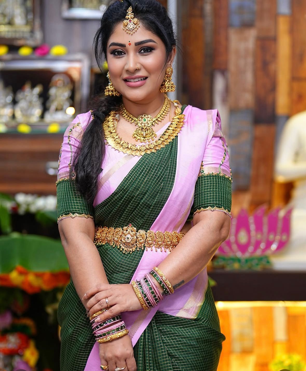 2.Pure Mysore Silk Sarees - Bespoke Drapes - Green and Baby Pink