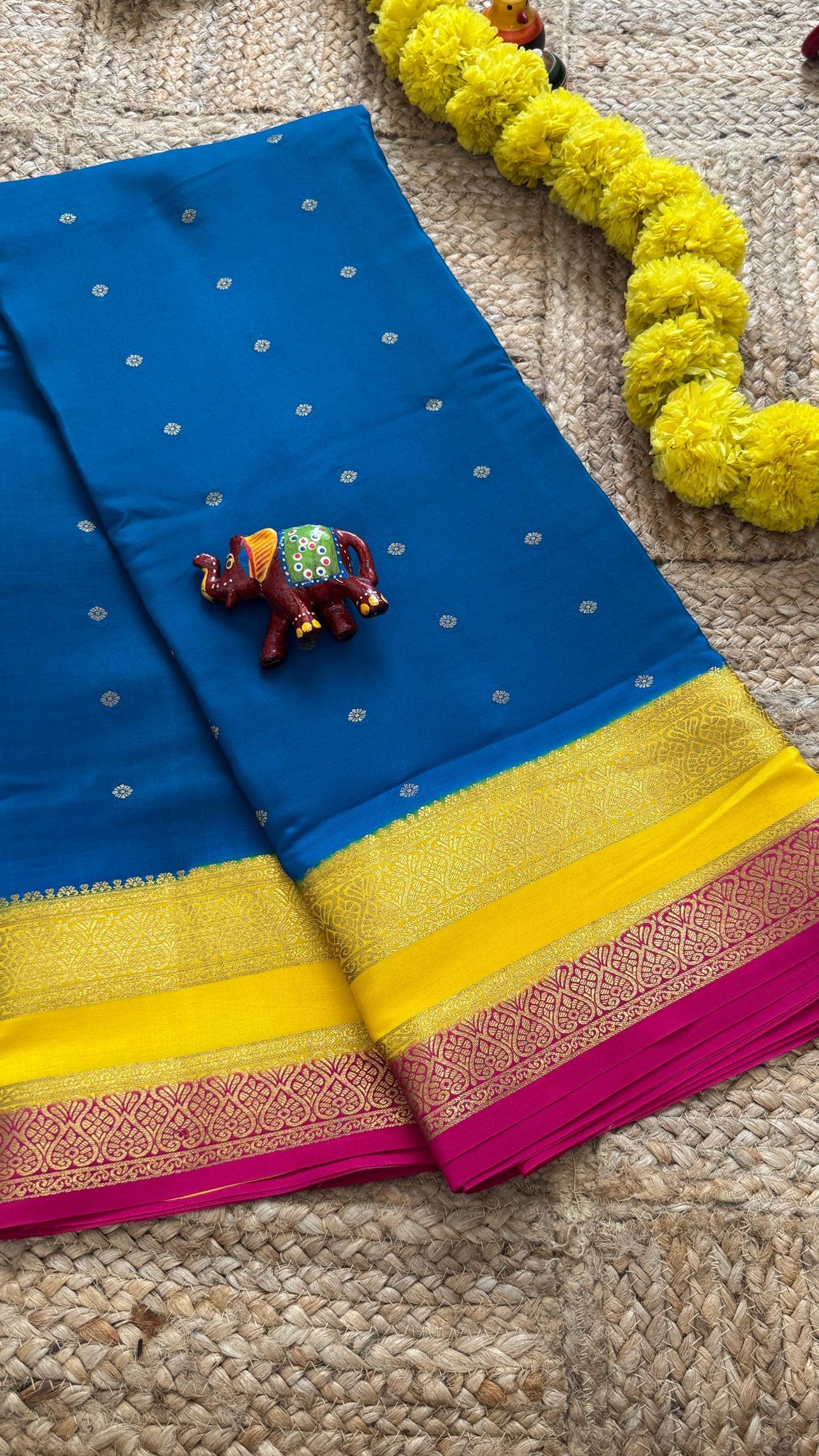 Pure Mysore Silk Sarees - Bespoke Drapes - Peacock Blue & Yellow & Pink