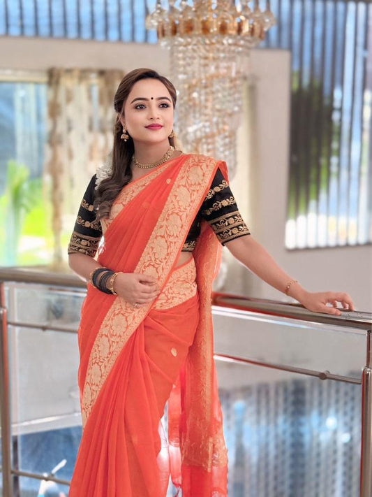 Premium Pure Chiffon Saree - Orange and Silver Zari