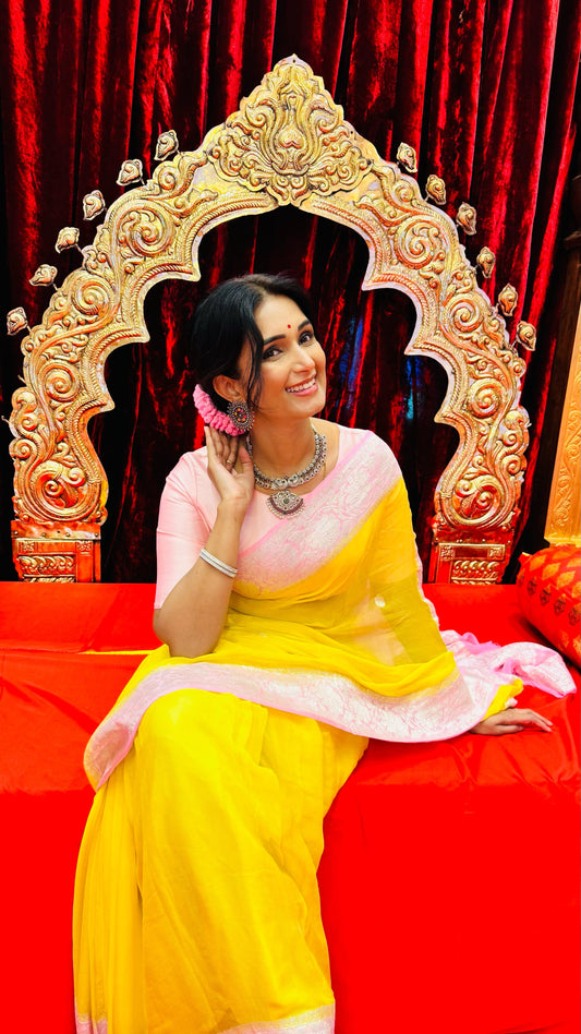 Premium Pure Chiffon Saree - Yellow and Baby Pink