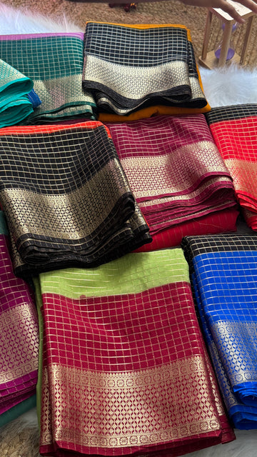 Semi Mysore Silk Saree - Checks and Stripes