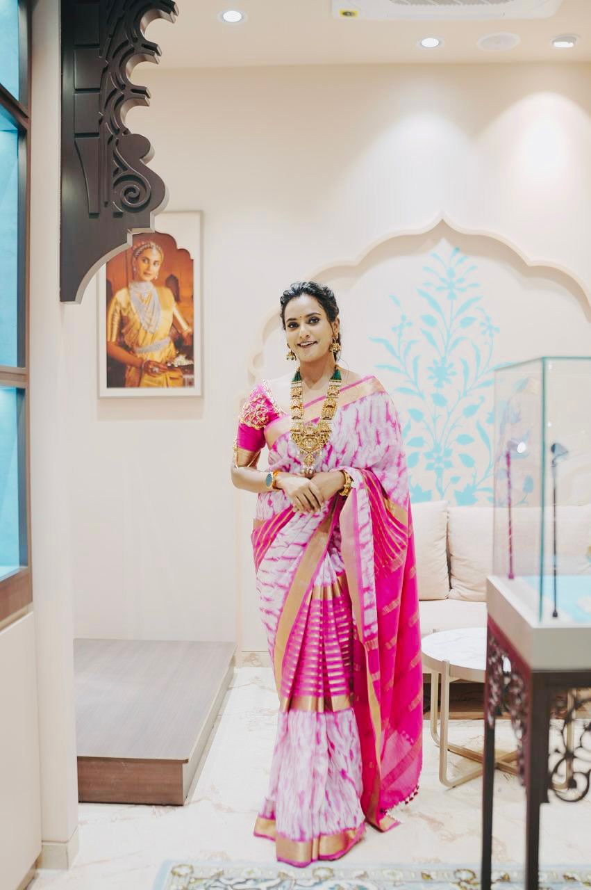 1.Pure Mysore Silk Saree - Shibori Center Stripes - Baby Pink and White