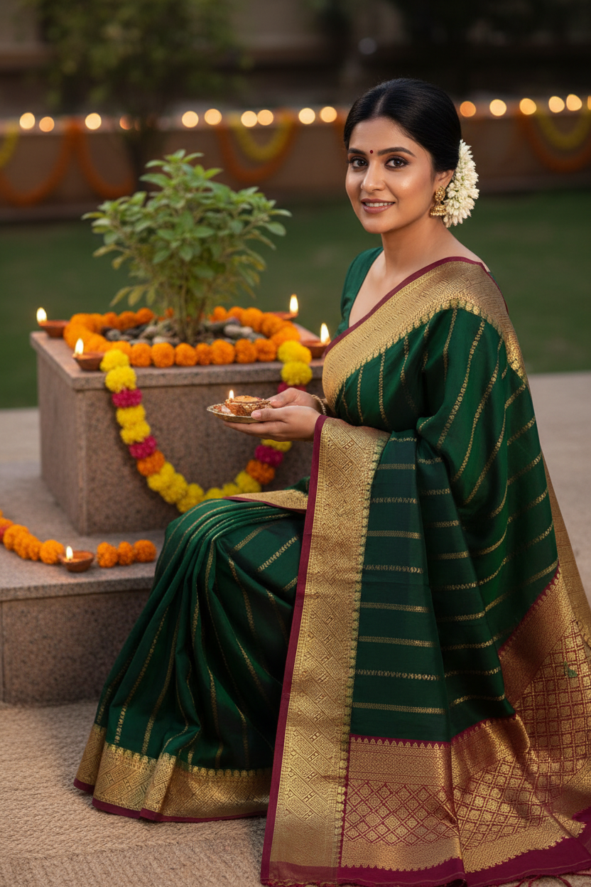 SIRI MAYURA | Mysore Silk Saree Dark Green with Contrast Red Border